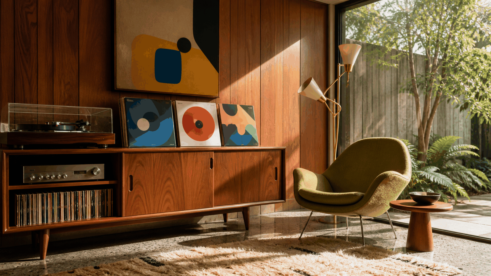 Mid-Century Modern aesthetic: Listening room dossier scene