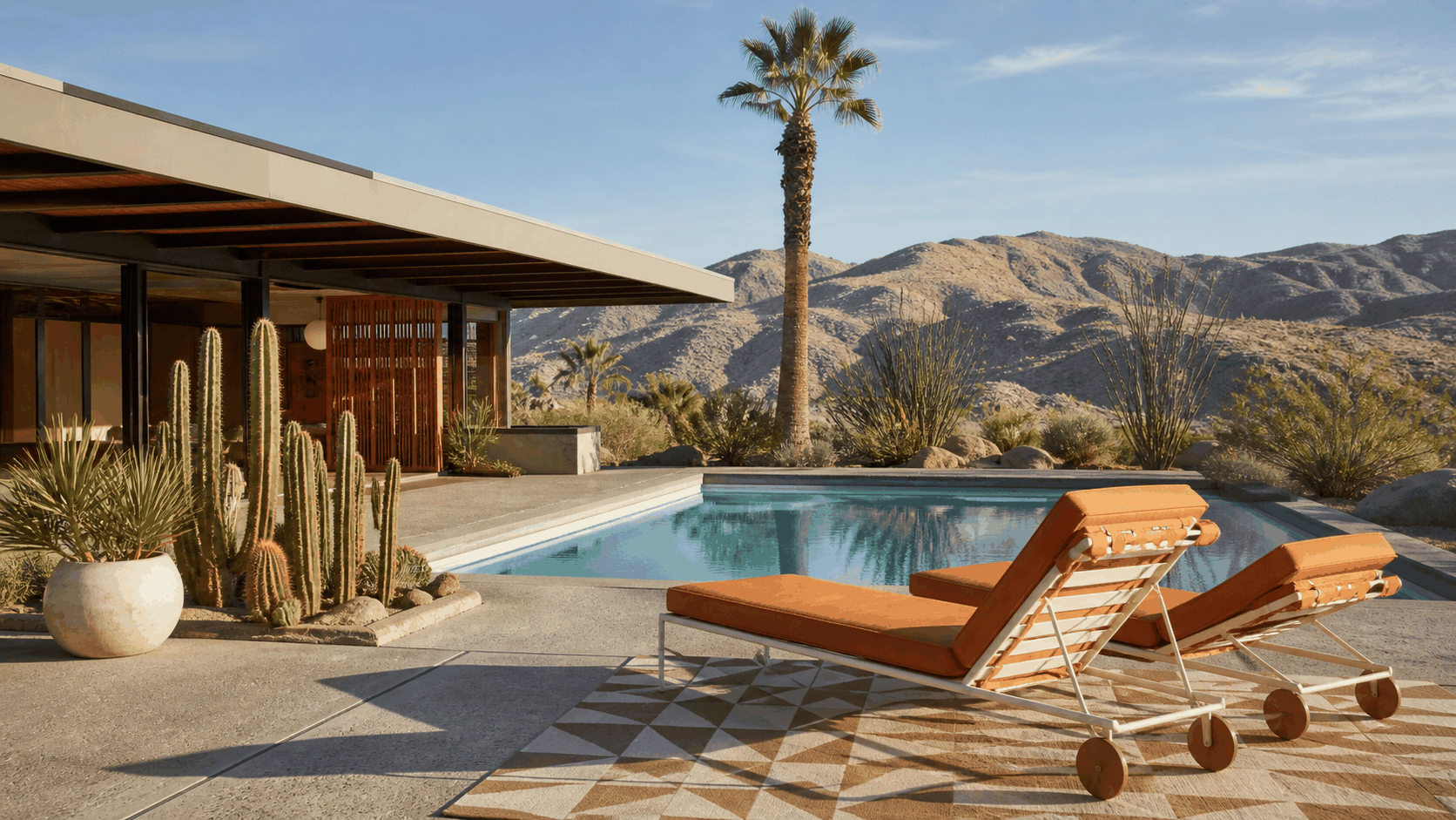 Mid-Century Modern aesthetic: Pool terrace dossier scene