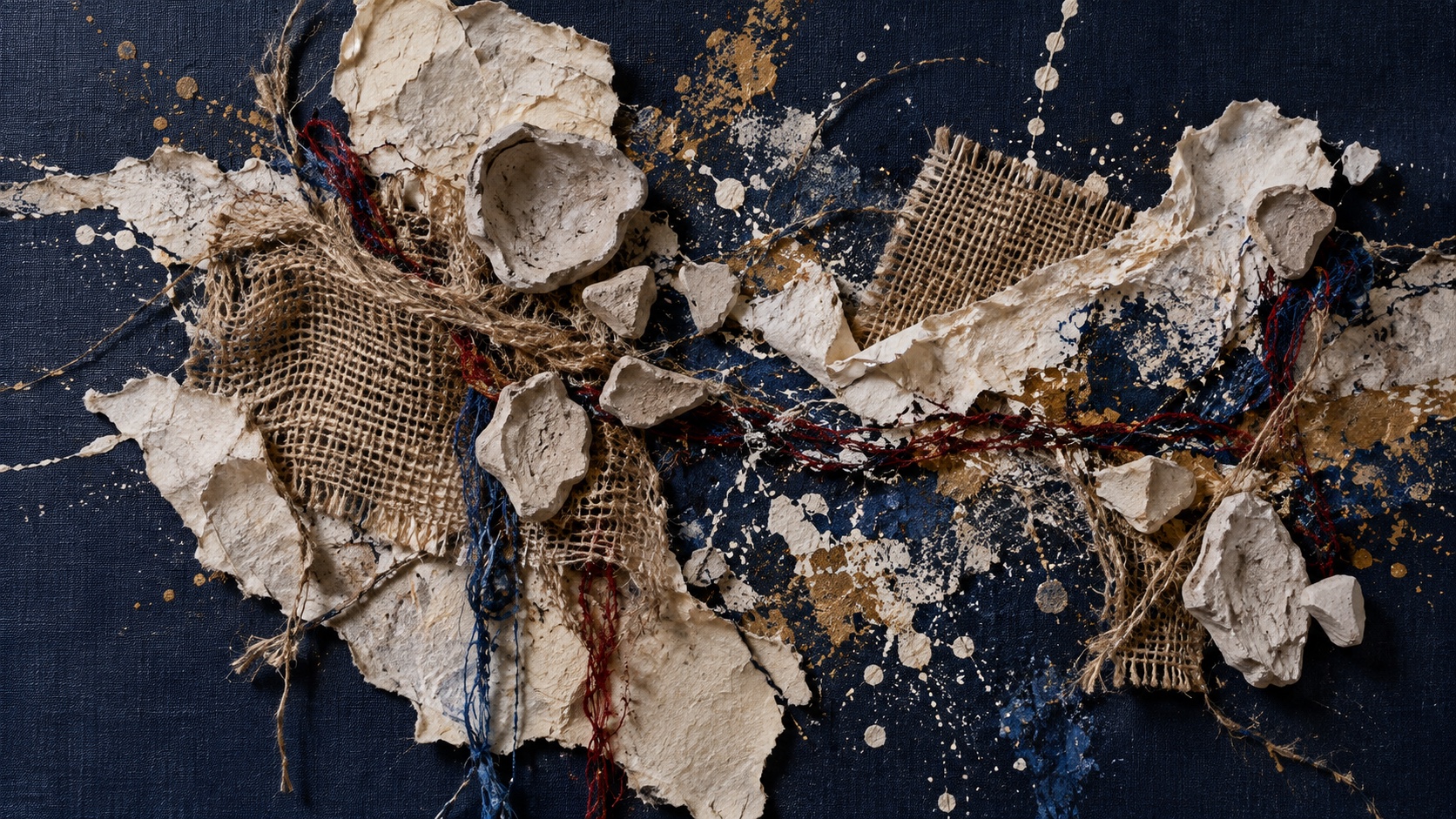 A layered mixed-media artwork of torn paper, thread, paint and found materials.