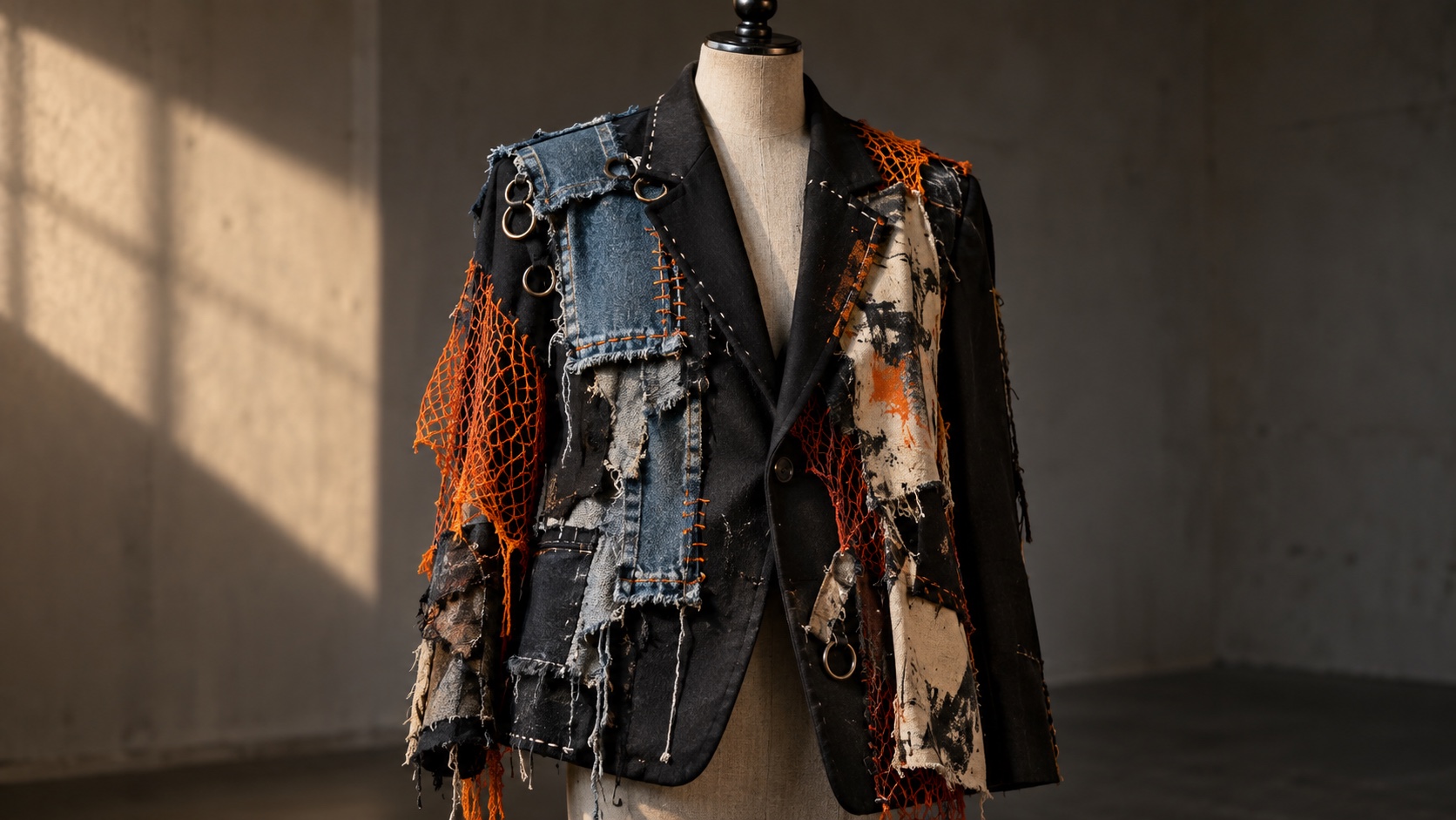 A sculptural garment combining fabric, paint, netting and stitched collage details.