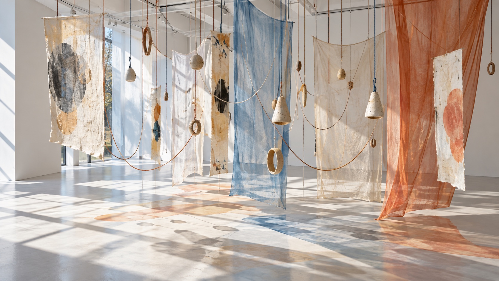 A suspended gallery installation made from fabric, paper, cords and clay fragments.