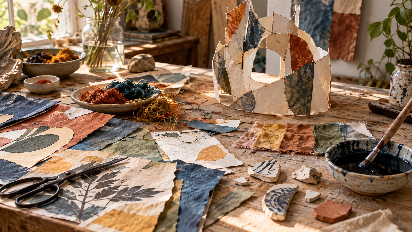 A mixed-media artist's worktable with paper, thread, pigment and small sculptural experiments.