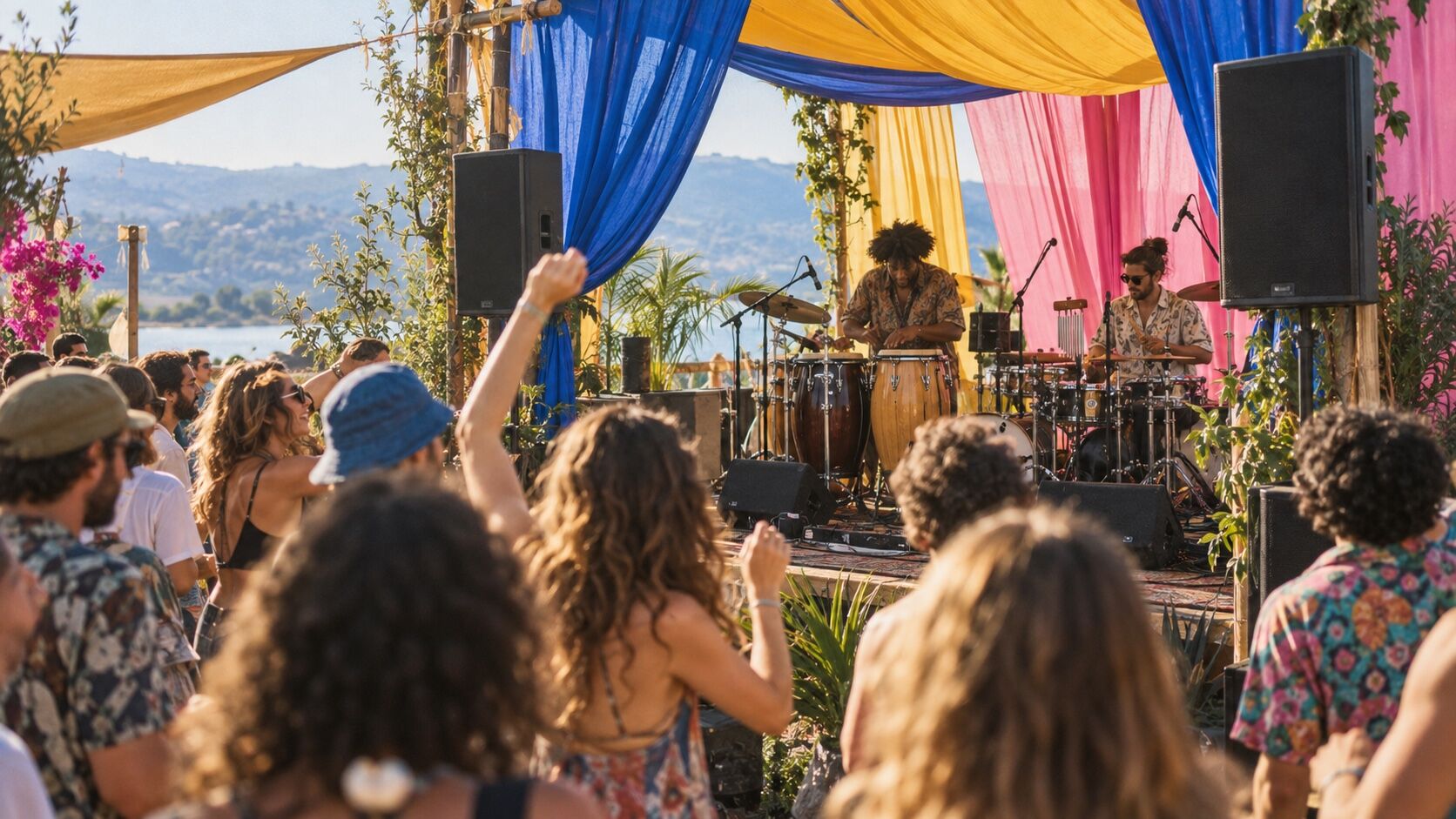 A crowd dancing at an outdoor stage under billowing blue, yellow and pink canopies, a lake behind.