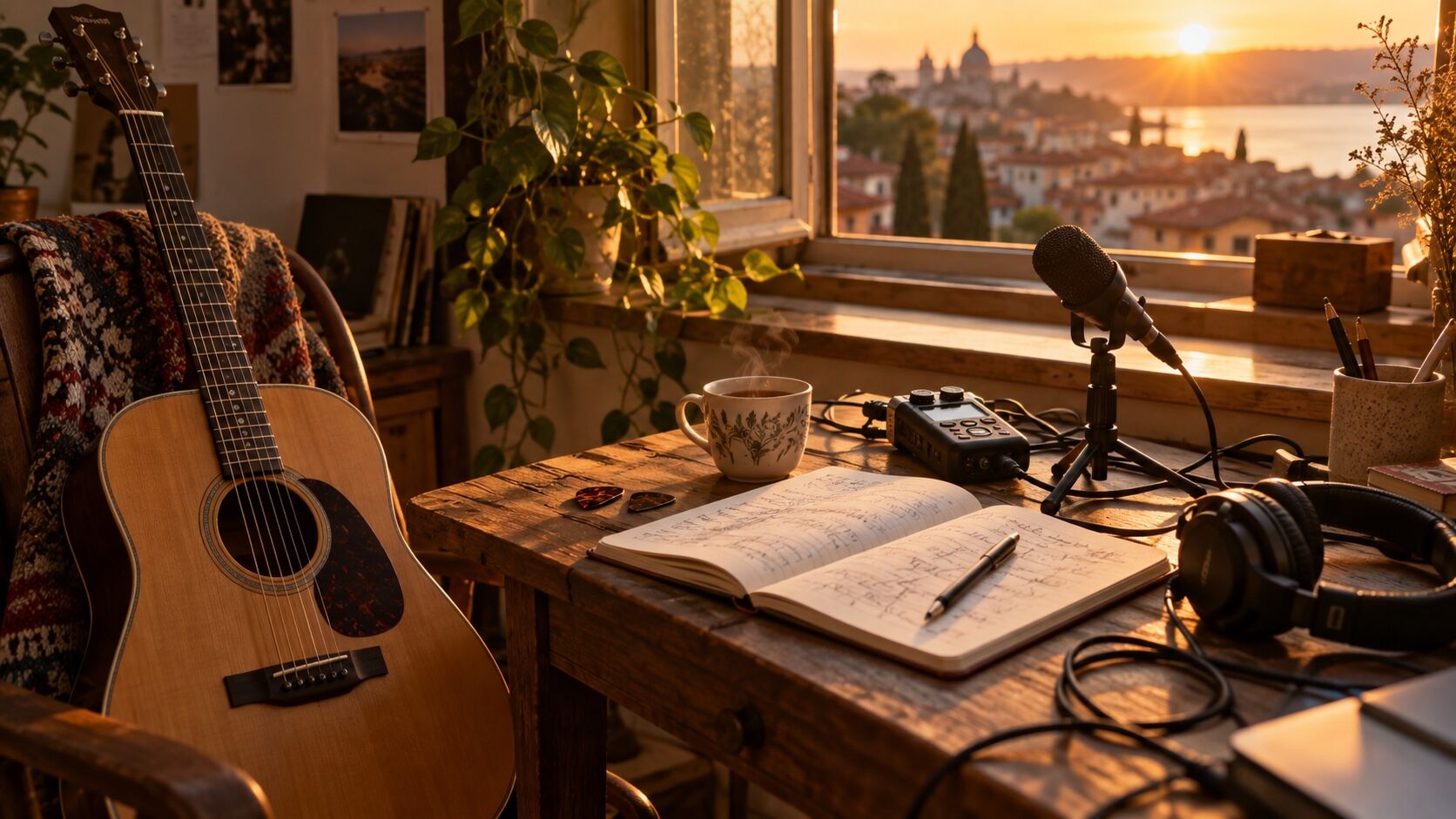 An acoustic guitar, notebook, microphone and headphones on a desk by a window over a harbour town at sunset.
