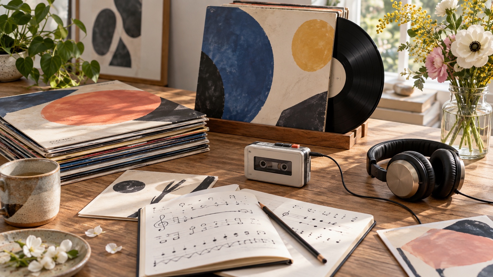 Record sleeves, a vinyl disc, a cassette player, headphones and handwritten sheet music spread across a wooden table beside white flowers.