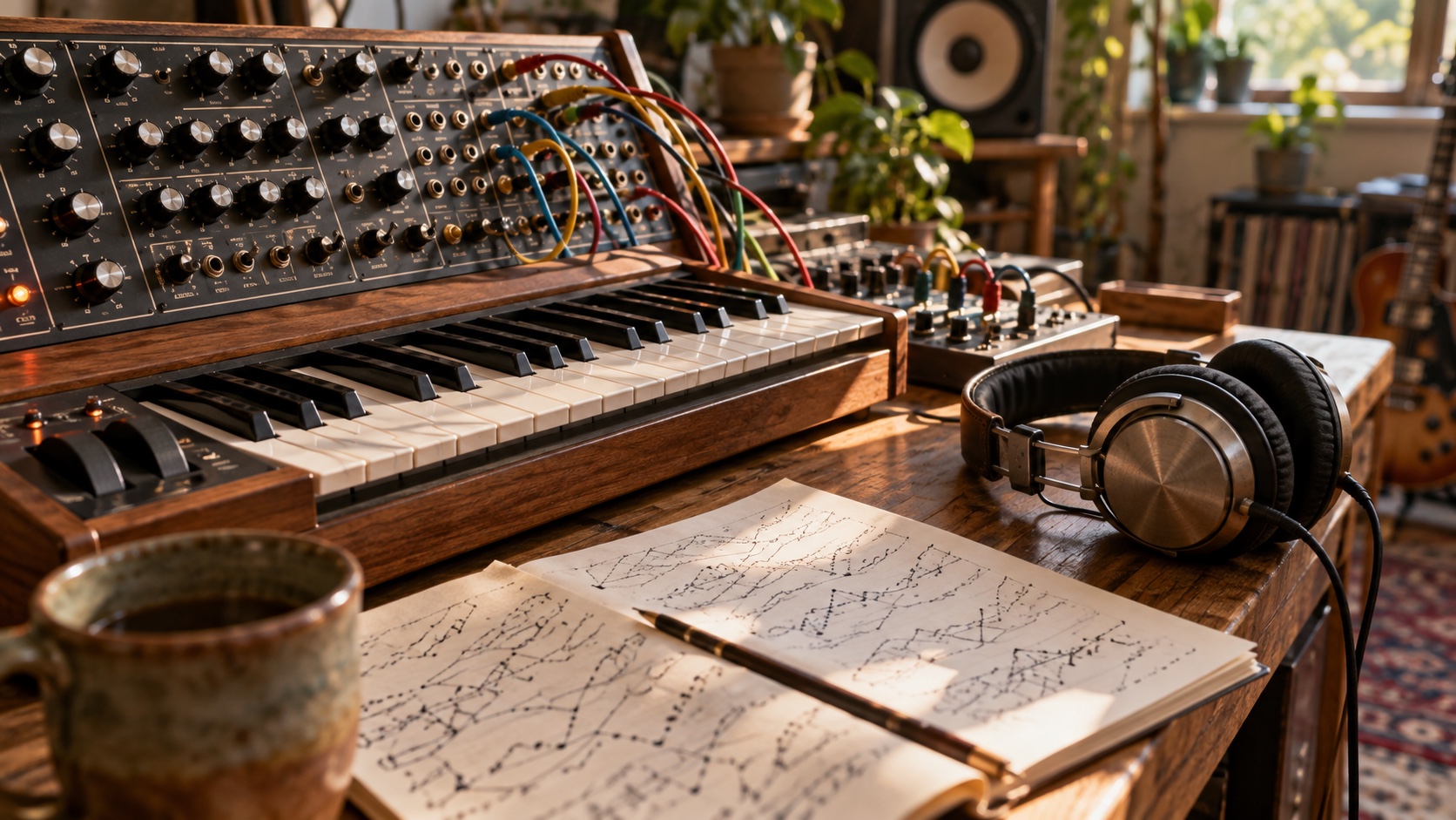 A modular synthesizer and keyboard on a wooden desk with headphones and a notebook of handwritten scores.