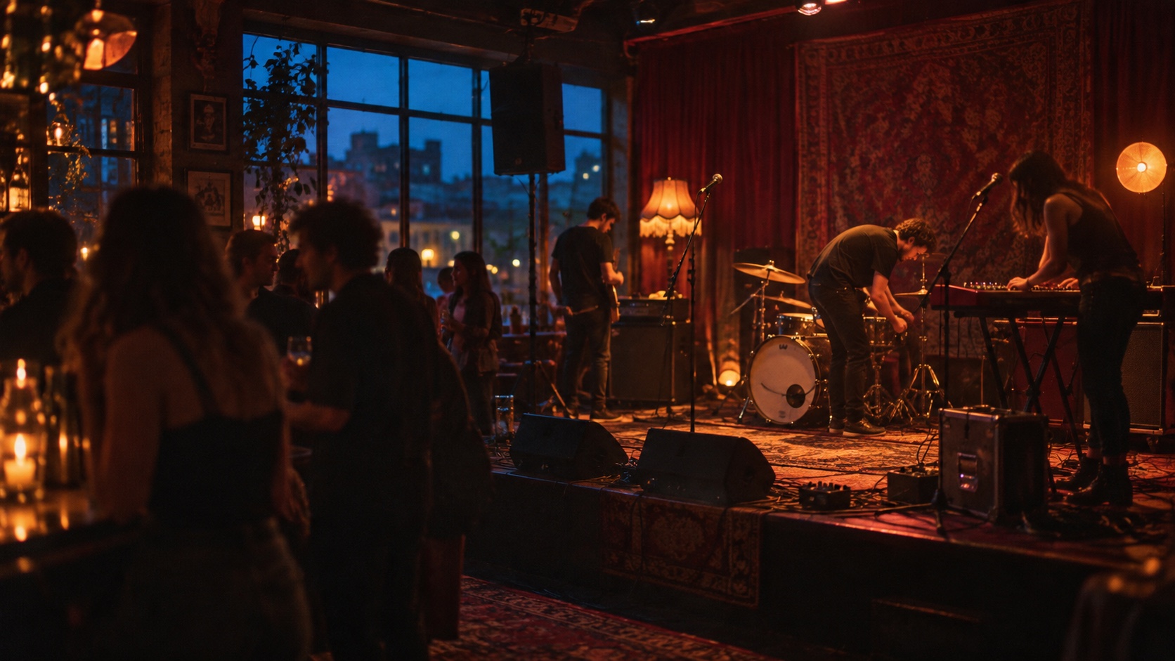 A band on a small stage in a dim wood-panelled bar, a crowd in silhouette against a city window.