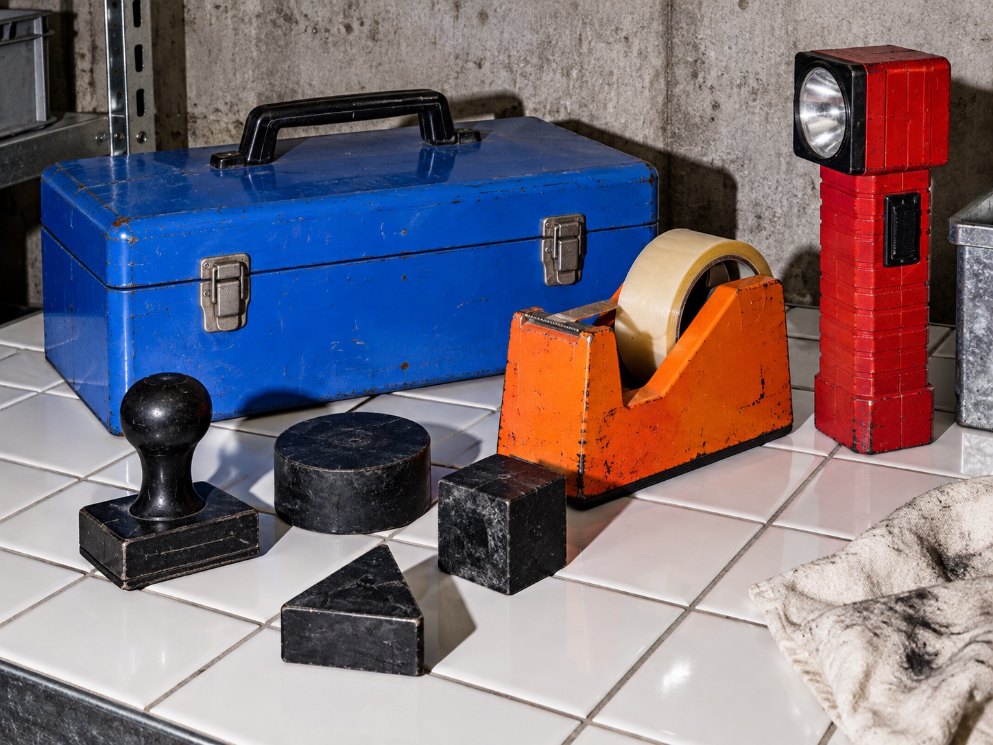 A battered blue toolbox, orange tape dispenser and red flashlight create an unapologetically raw tool still life.