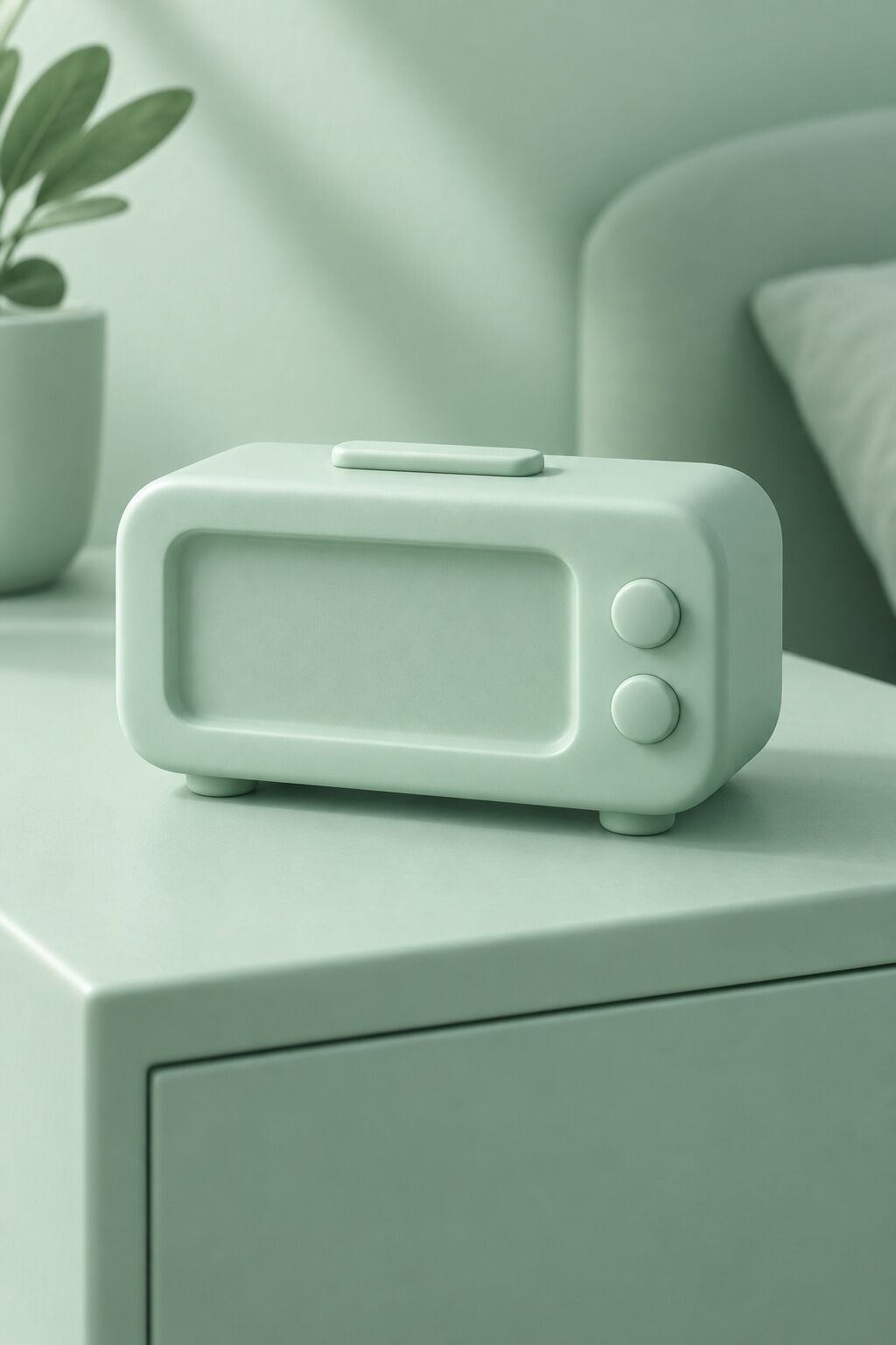 A mint alarm clock on a matching bedside table, its screen and two buttons shaped from one continuous surface.