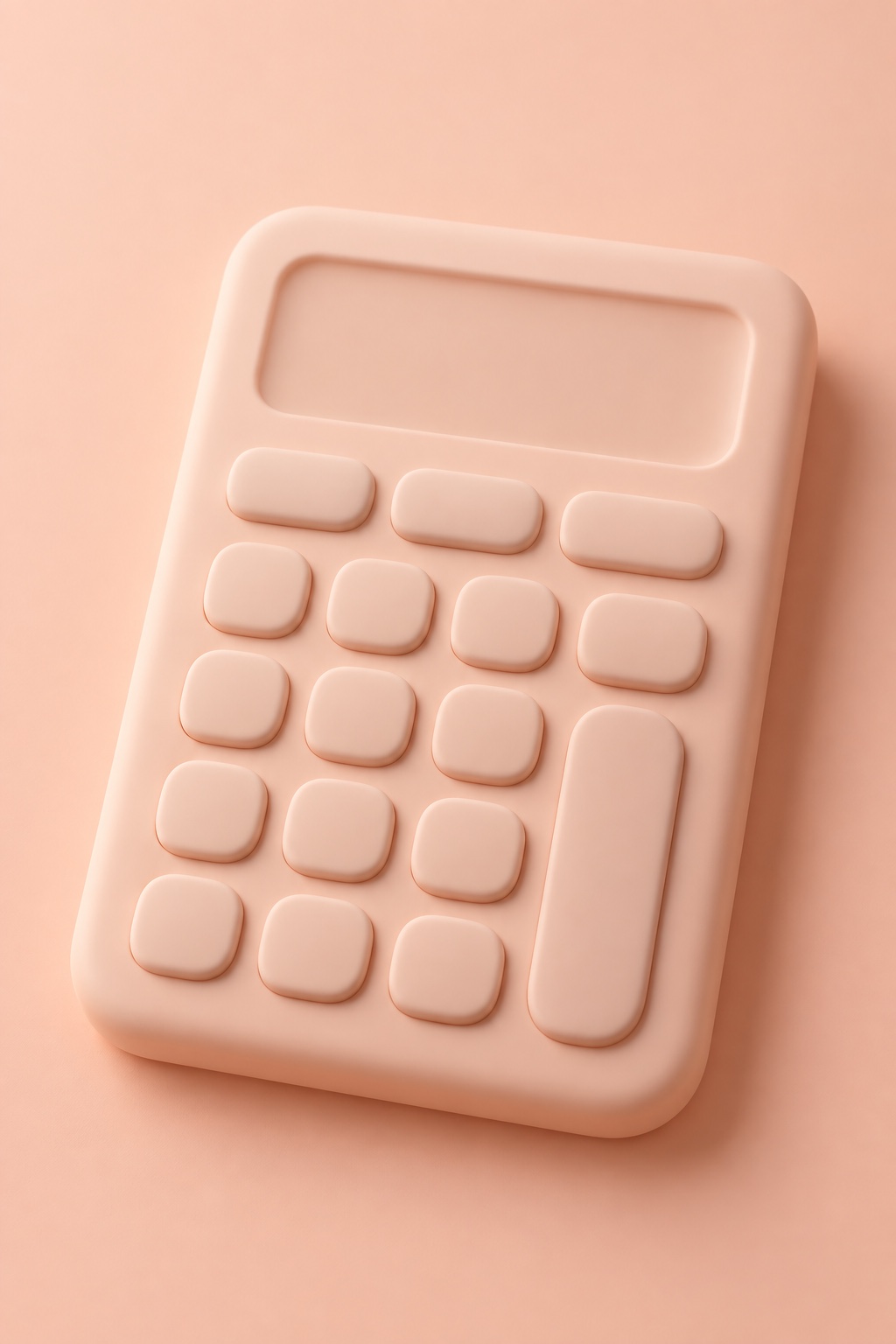 A peach calculator whose keys rise from the same soft plastic as its body, lit so every edge is a highlight or a shadow.