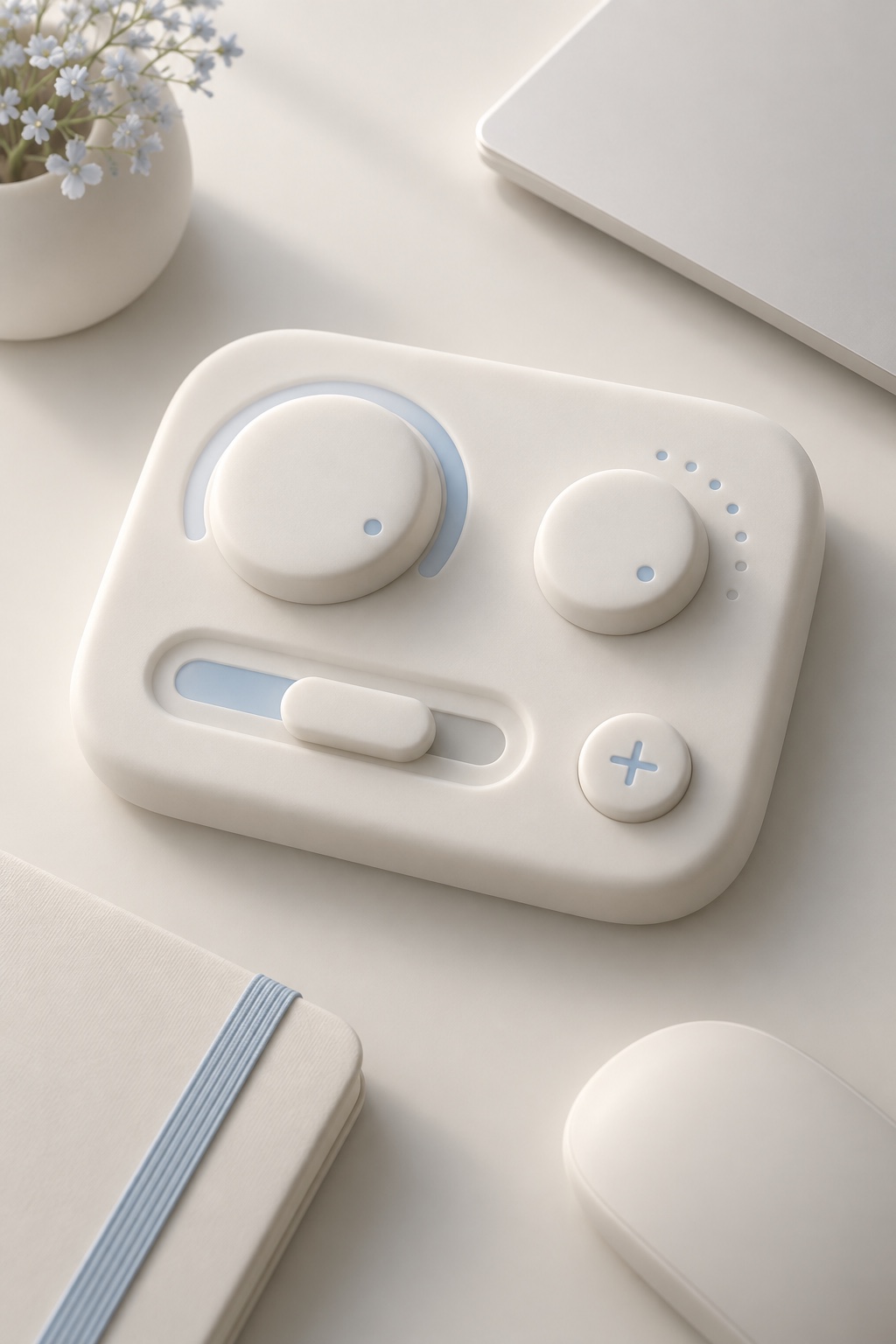 A cream control panel with two raised dials, a recessed slider and a plus key, on a desk beside a notebook and flowers.