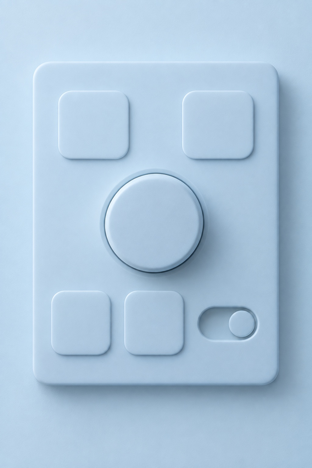A pale blue smart-home panel with square keys, a raised round control and a toggle, all extruded from the backplate.