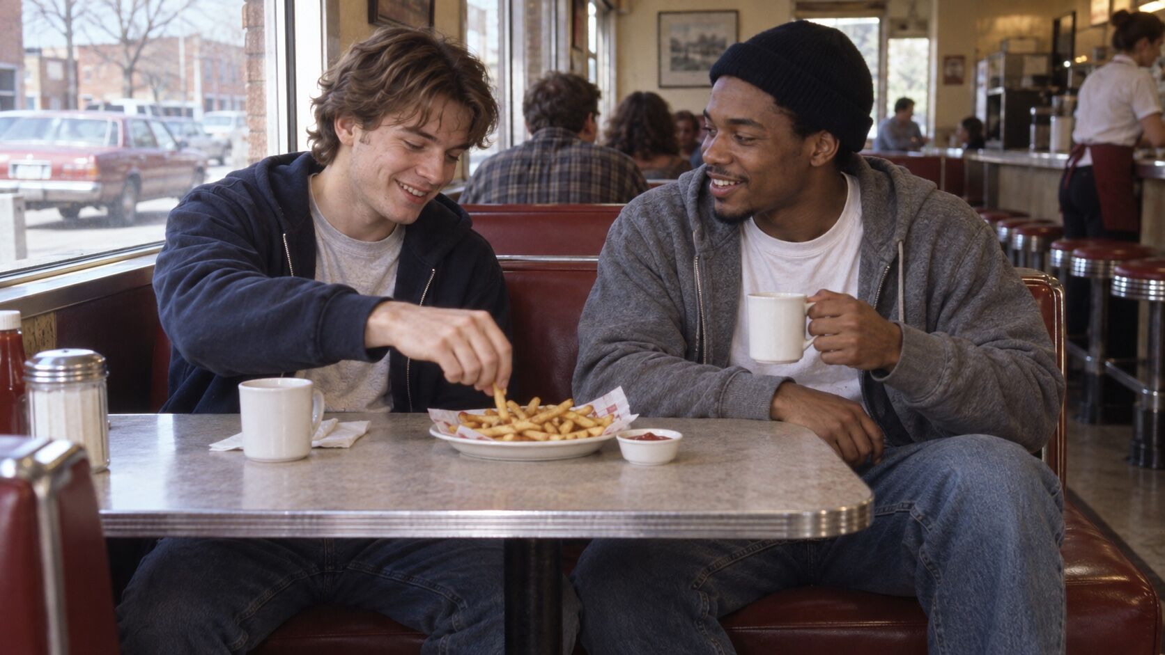 Two friends in casual basics sharing fries and coffee in a neighborhood diner.