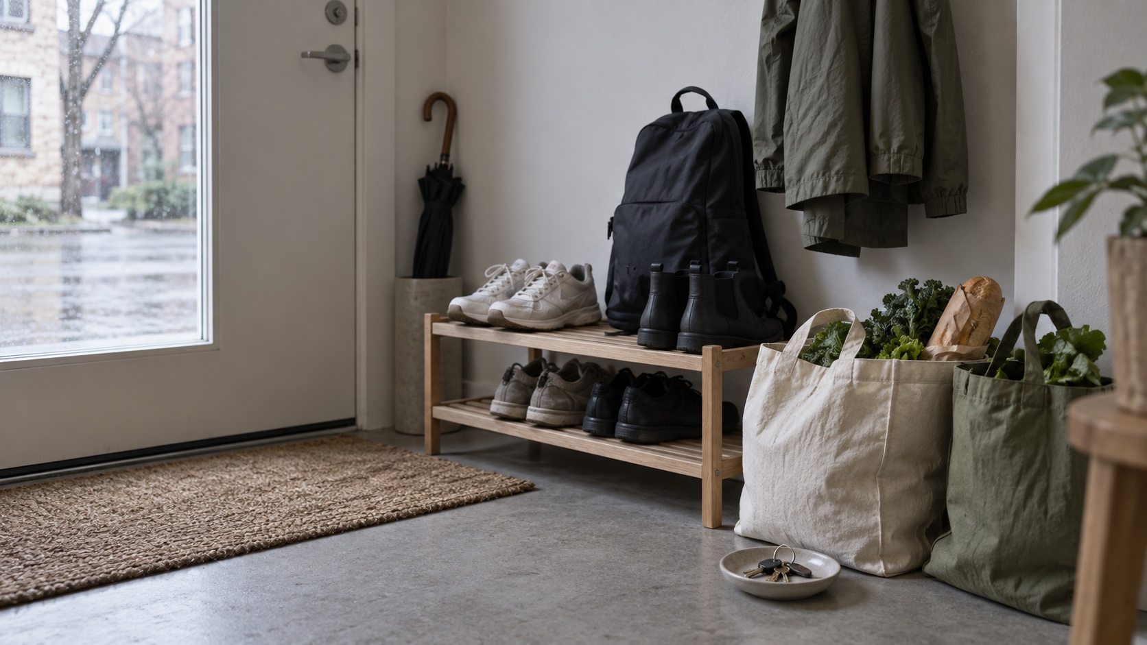A practical apartment entry with simple shoes, backpack, rain jacket and grocery bags.