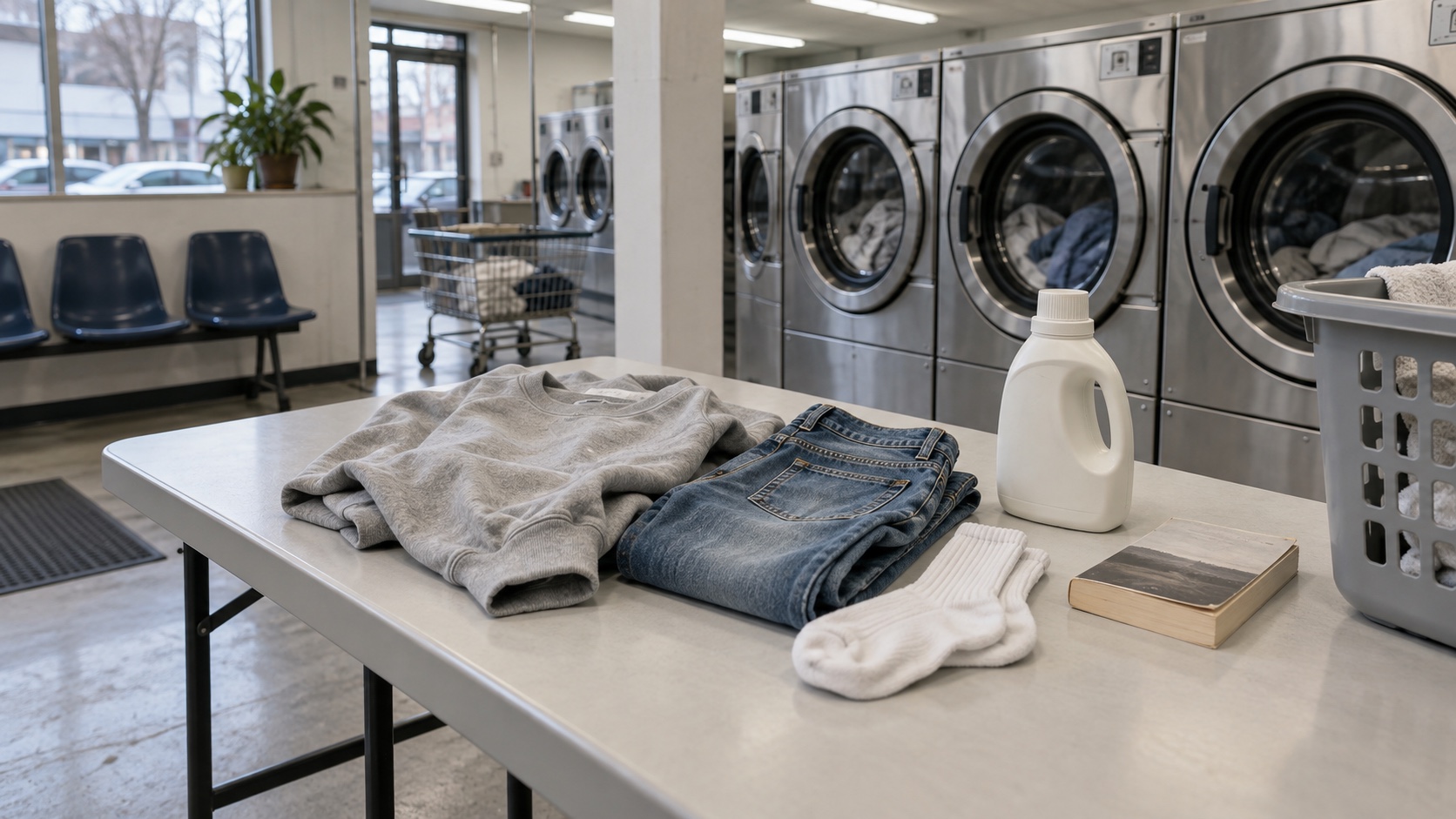 Plain sweatshirt, jeans and socks folded on a laundromat table.