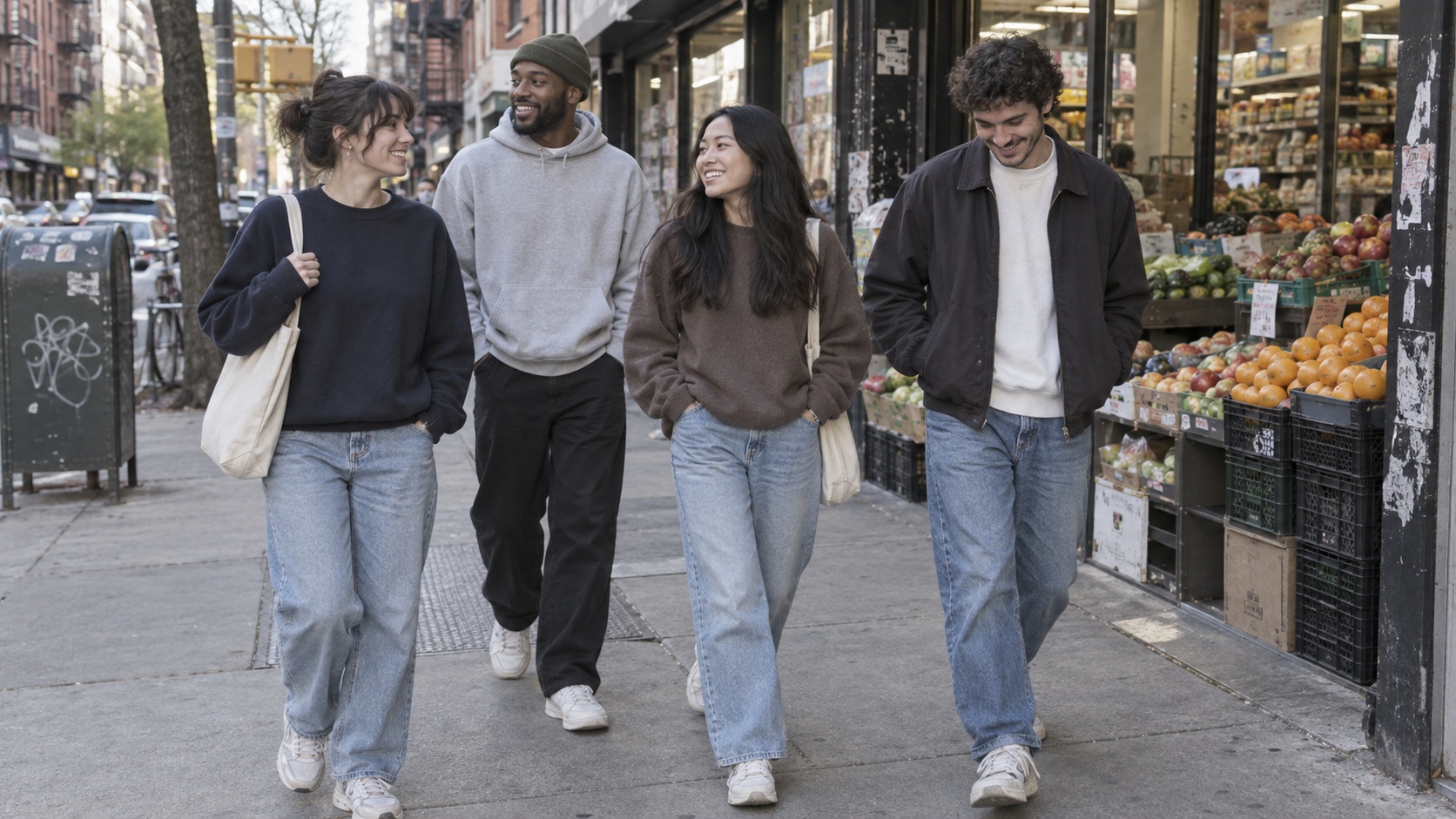 Friends in relaxed basic clothing walking along an ordinary city sidewalk.