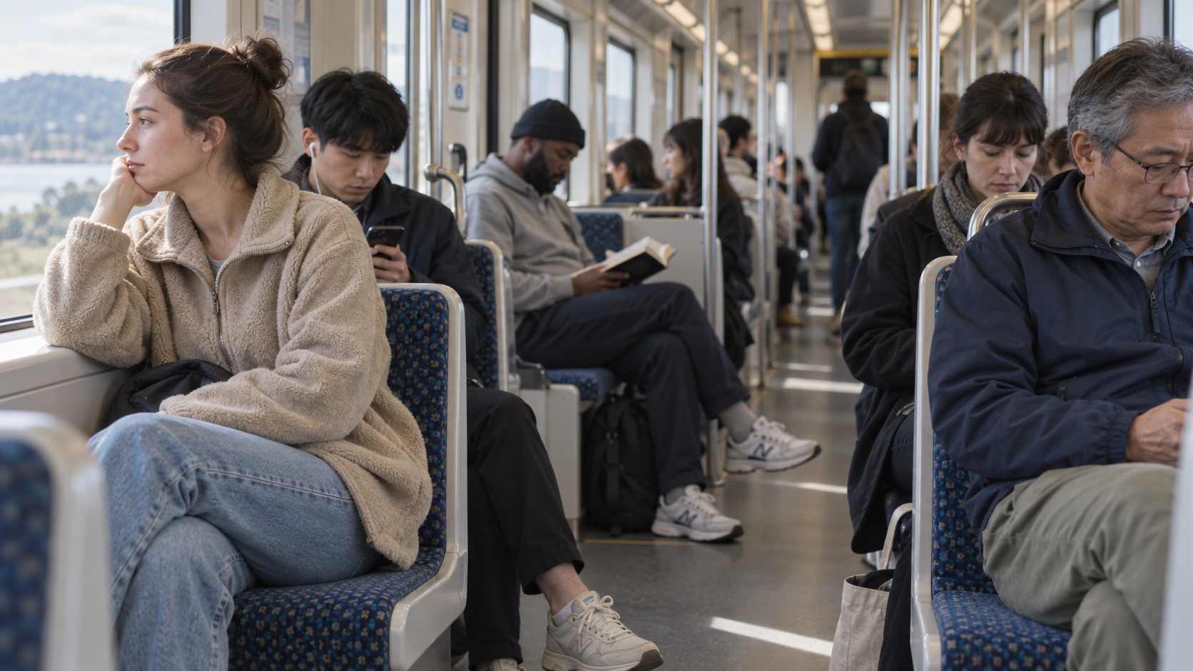Everyday commuters in neutral basics on a daylight train.