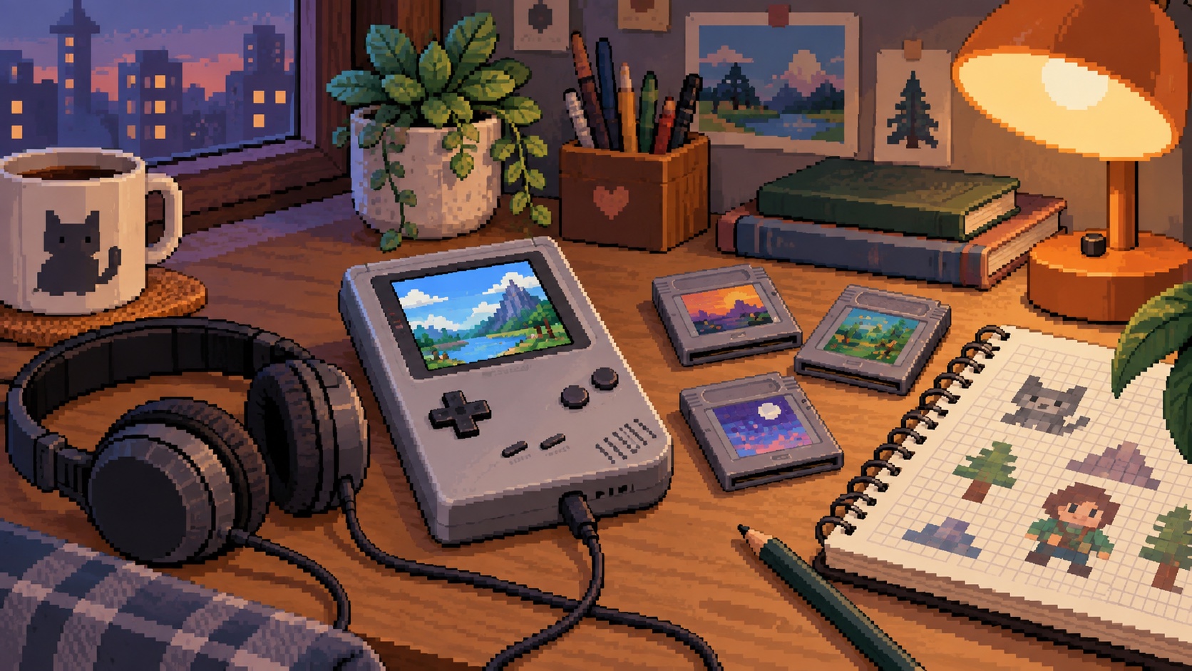 A pixel-art creative desk with a handheld game device, cartridges, headphones and sketchbook.