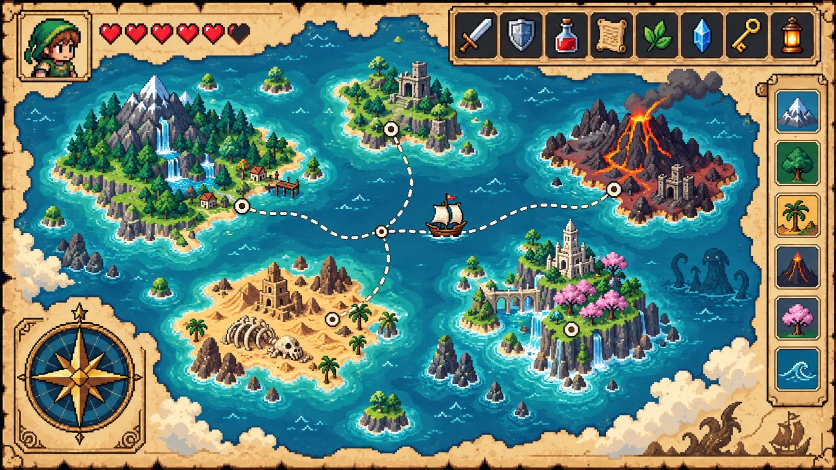 A fictional pixel-art adventure map with islands, route markers and inventory icons.