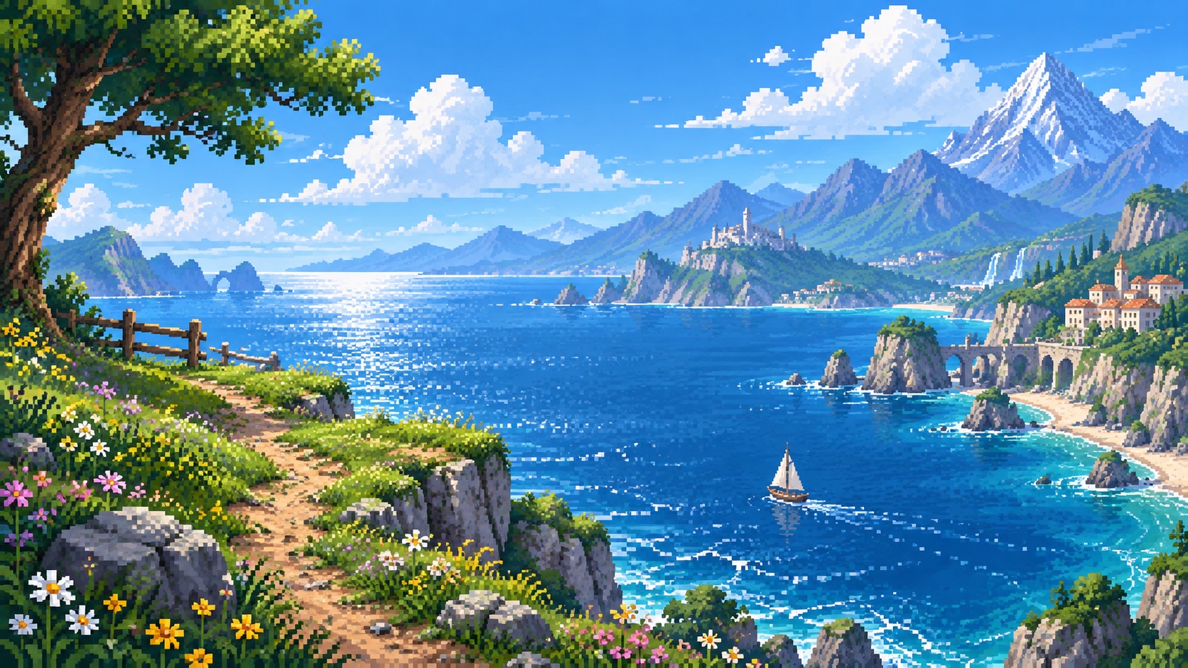 A bright pixel-art coastal world with cliffs, sailboat, mountains and flowers.