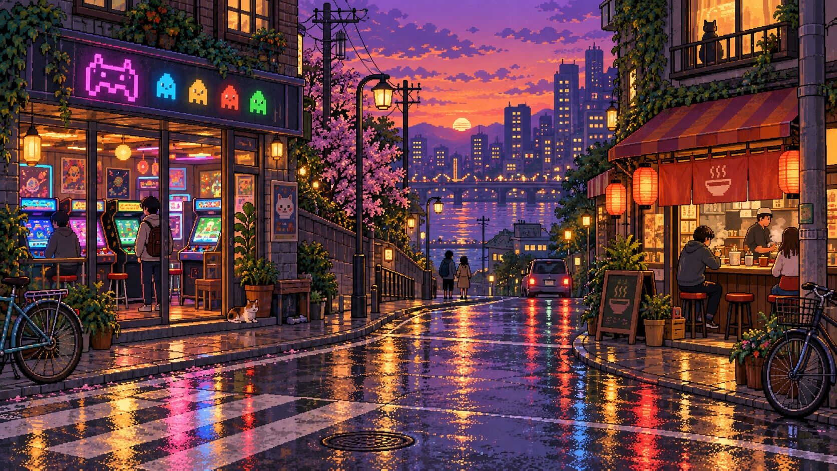 A welcoming pixel-art city street of arcades, cafés, bicycles and evening reflections.