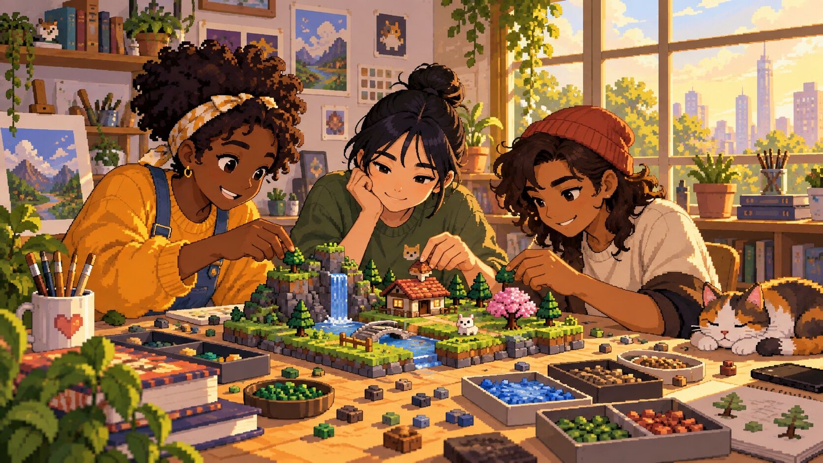 Three friends building a miniature pixel-art landscape together in a sunny studio.
