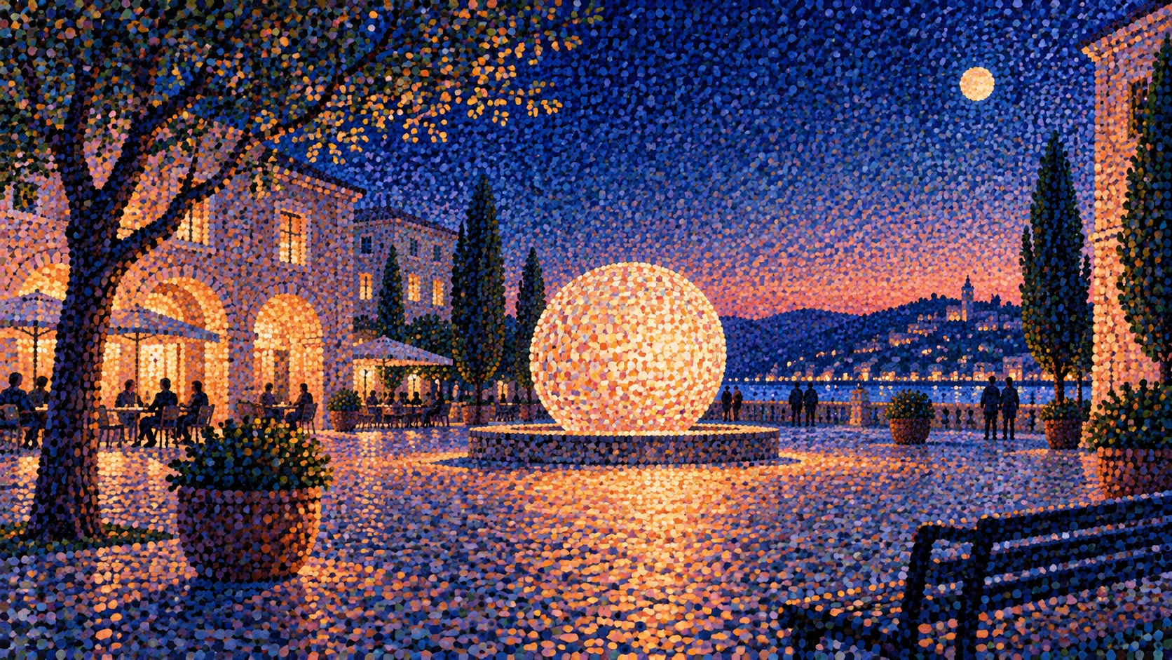 A glowing sphere lights a terrace at dusk above a bay, with arcaded buildings and a moon in a sky of blue and violet dots.