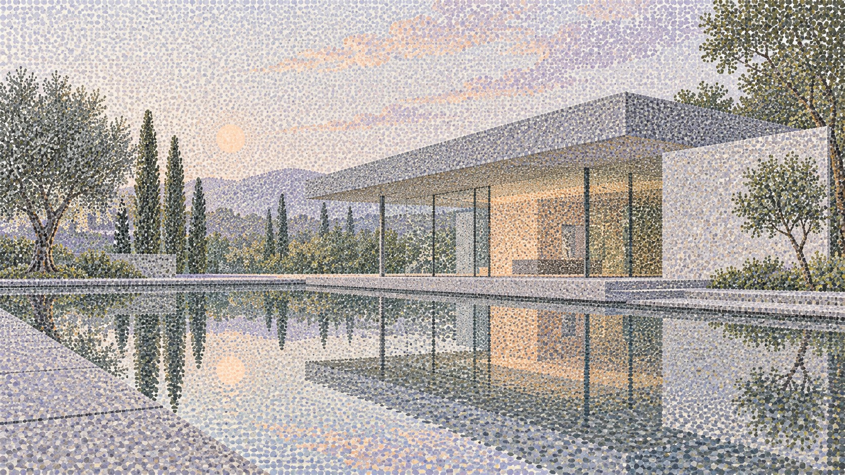 A low modern glass pavilion reflected in a still pool among olive trees, rendered in pale dots.