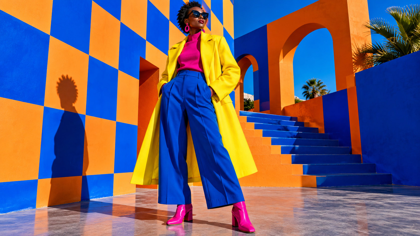 An adult fashion designer in electric yellow and magenta against a graphic architectural setting.