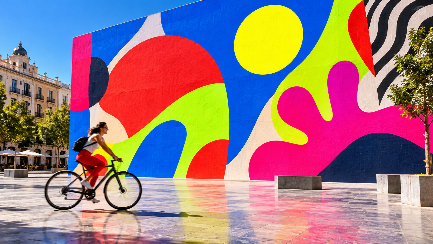 A large-scale color-block mural in a sunlit urban square with a cyclist in motion.