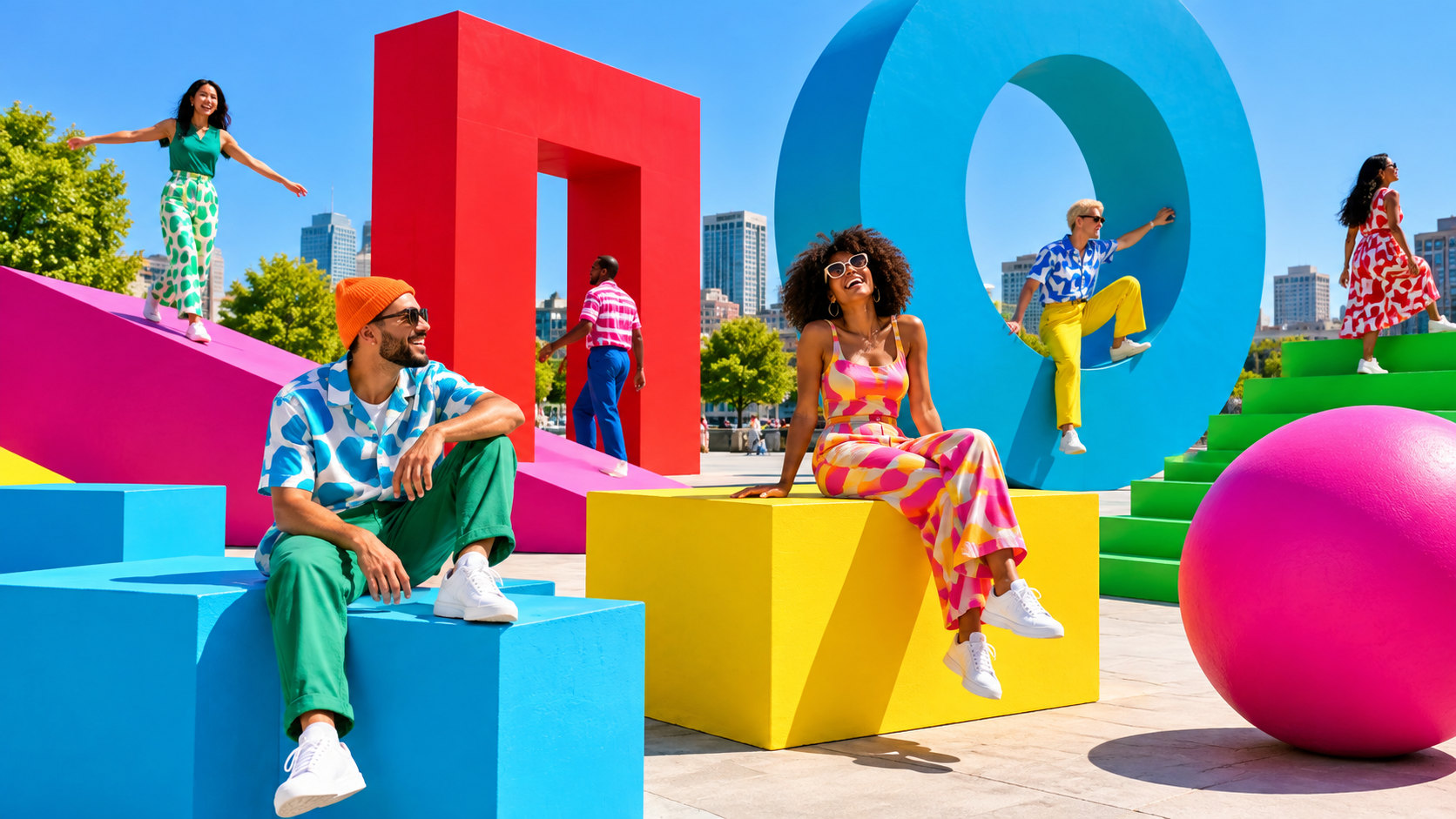 A colorful outdoor installation where people interact with giant geometric forms.