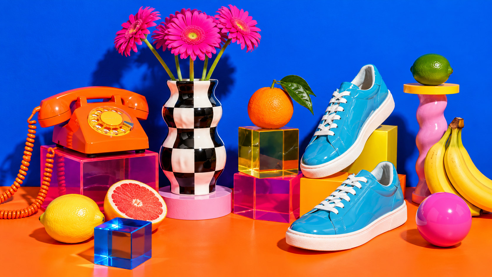 A vivid studio still life of everyday objects in cyan, orange, yellow and magenta.