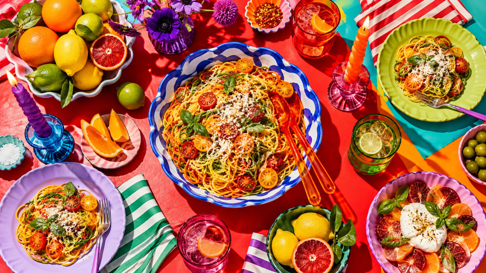 A cheerful high-saturation food and table styling composition in clashing bright hues.