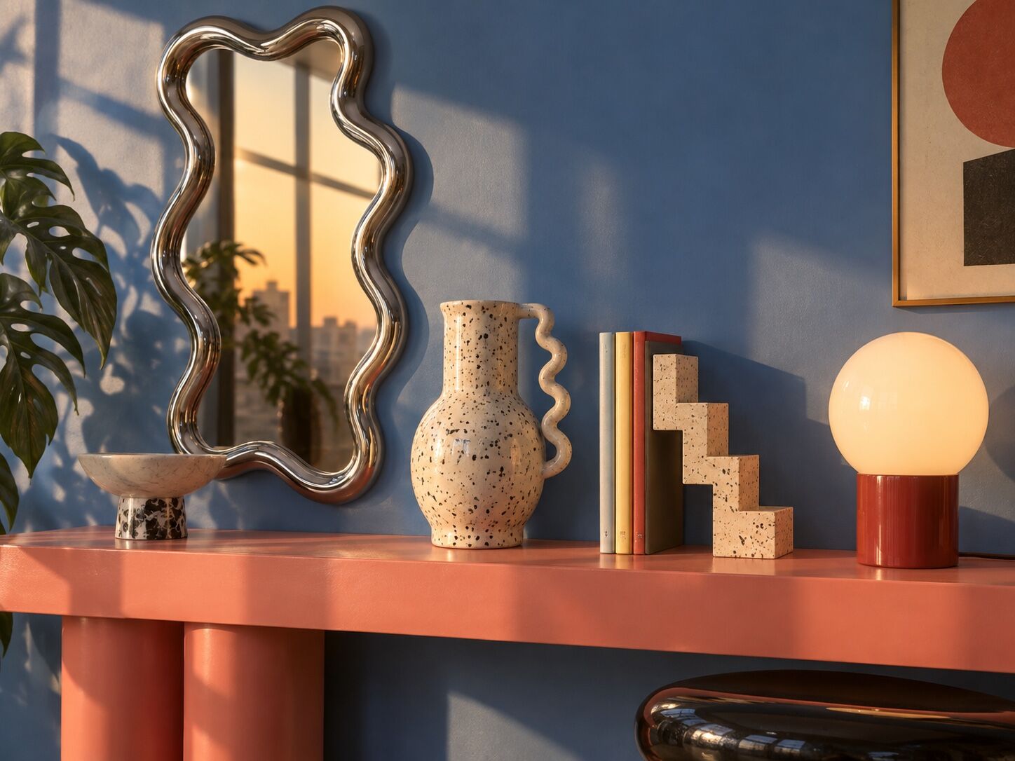 A wavy chrome mirror, speckled pitcher and geometric bookends turn a salmon shelf into a postmodern still life.