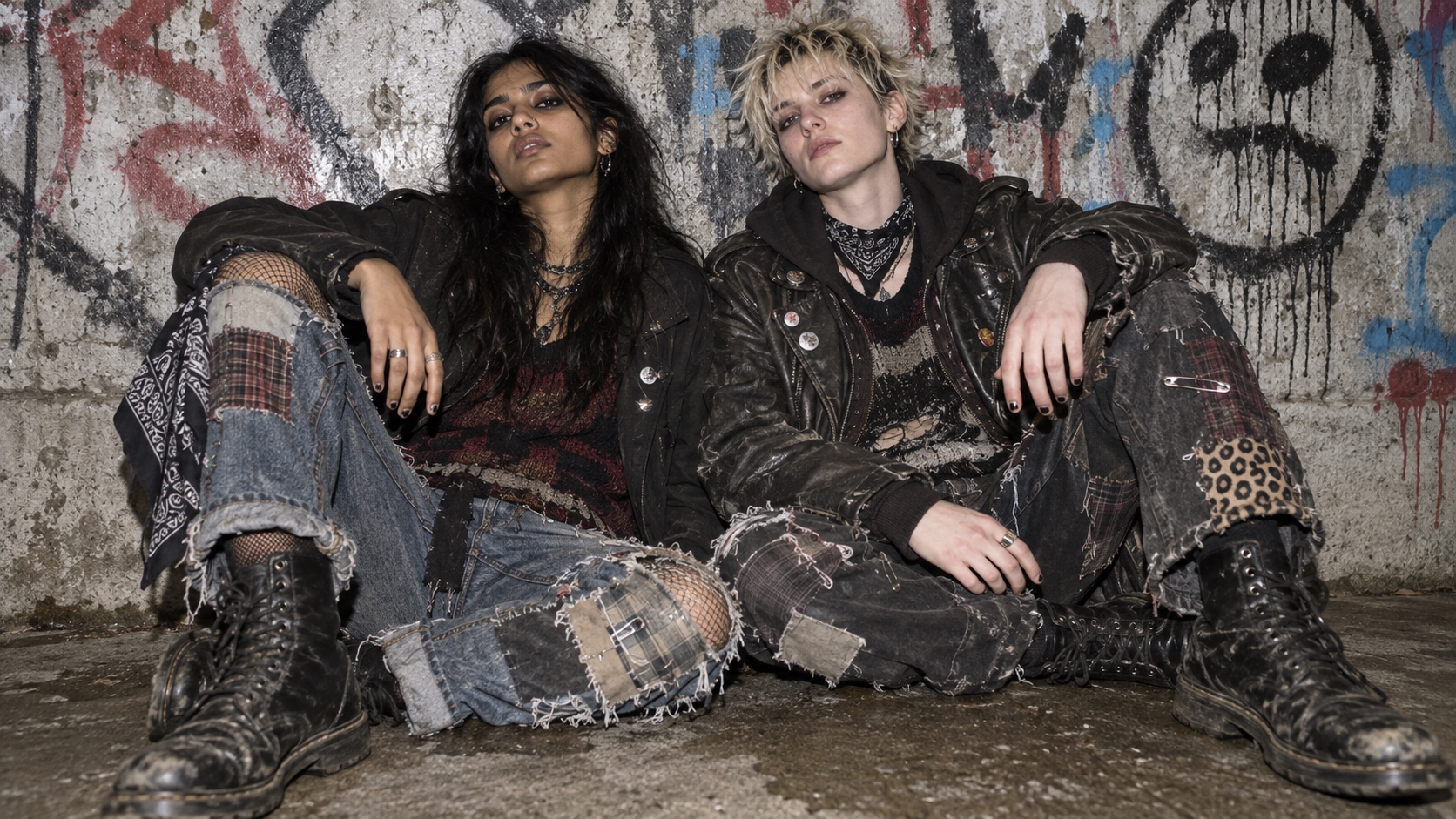 Two people in patched DIY punk clothing leaning against a painted concrete wall.
