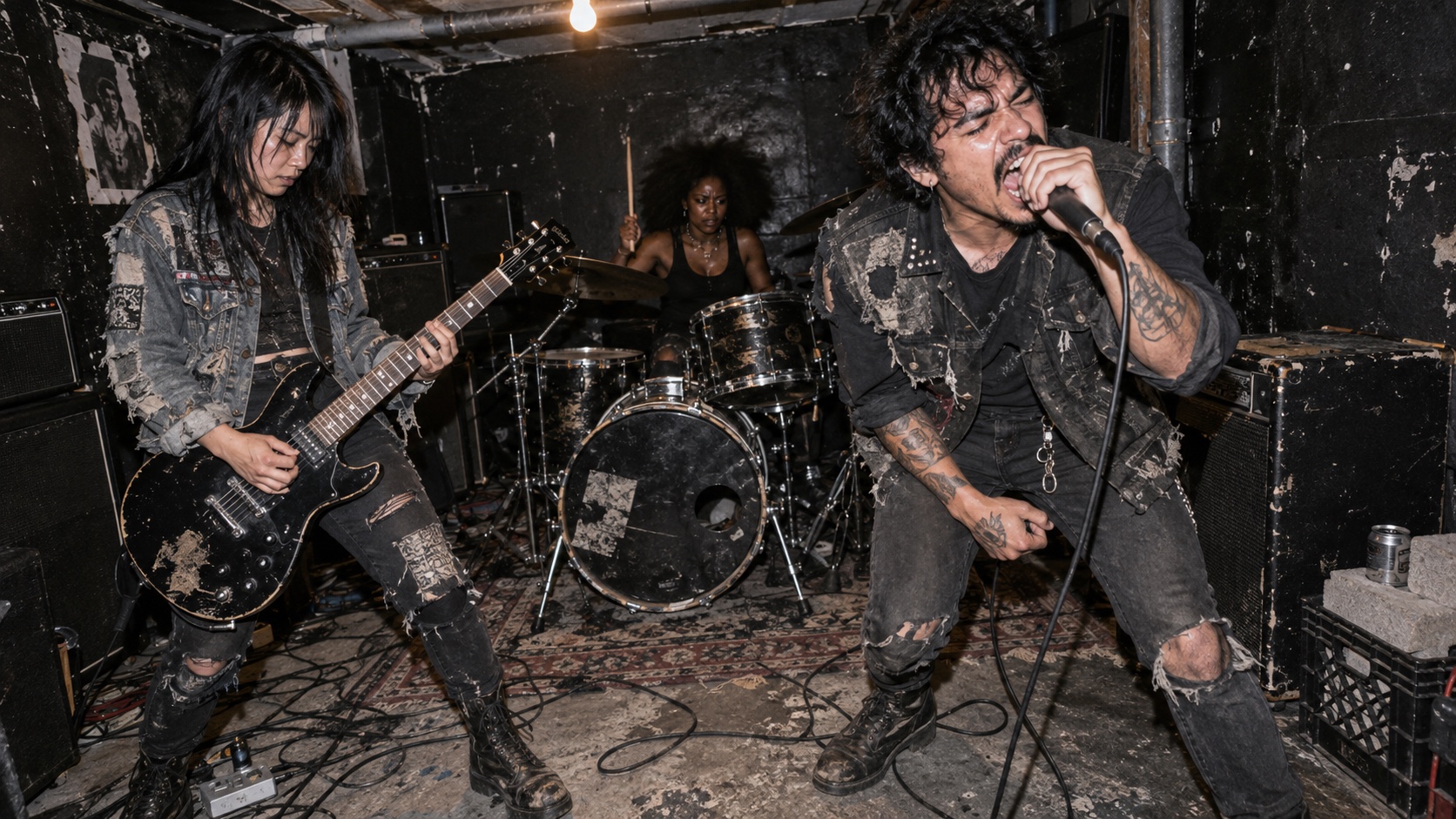 A diverse punk band rehearsing in a cramped basement amid battered gear and cables.