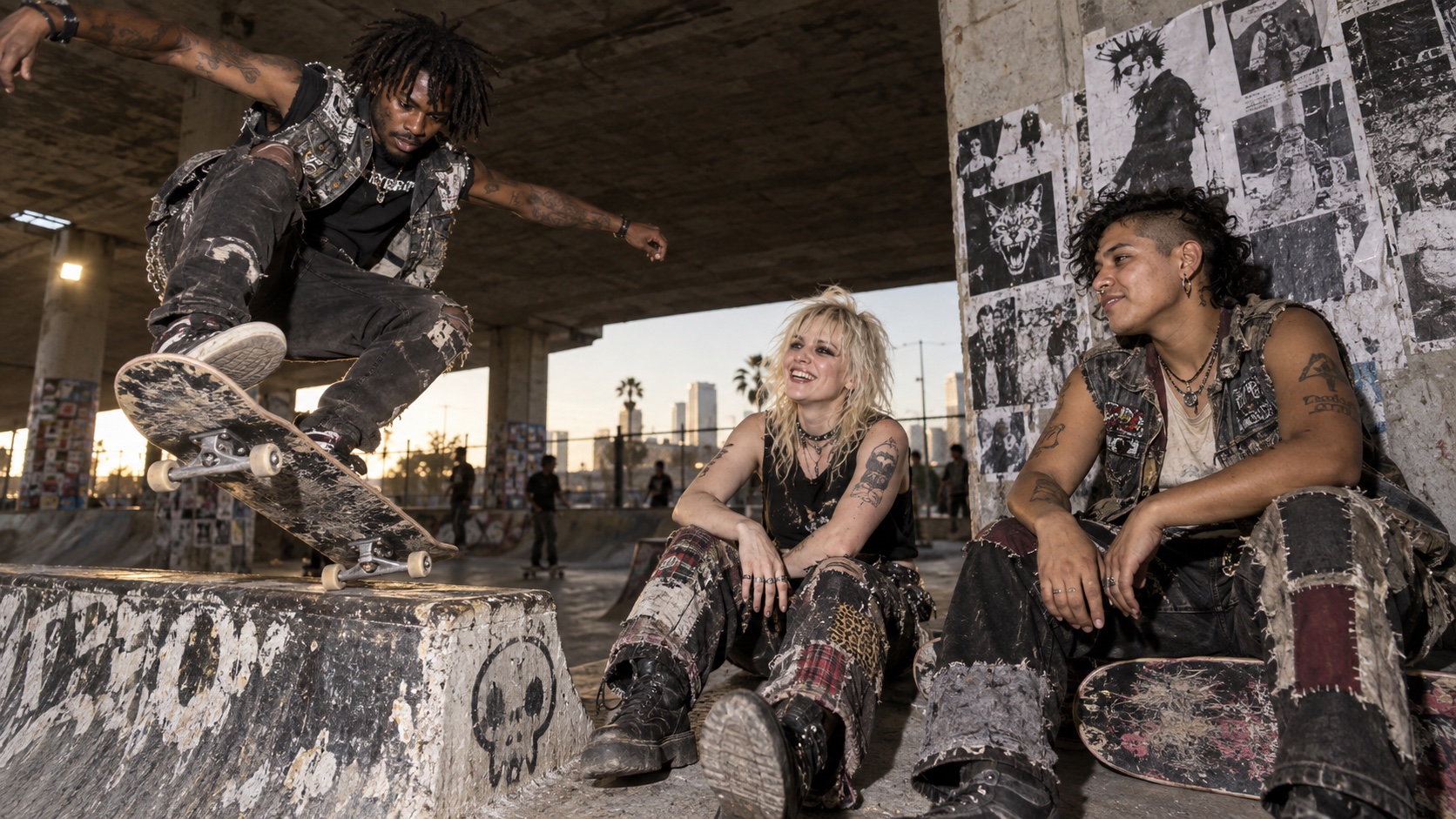 A diverse group of punk skaters at a battered skate spot under a freeway.