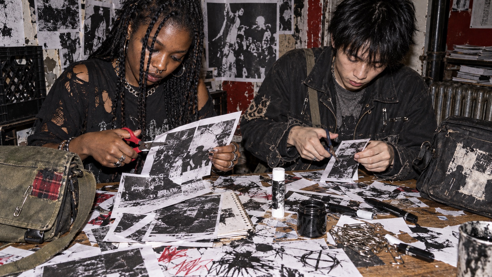 Two zinesters cutting photocopies and making a DIY punk publication.