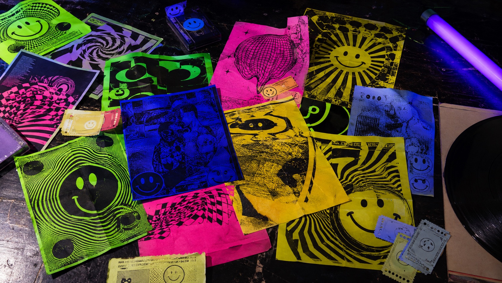 Rave aesthetic: Flyer table dossier scene