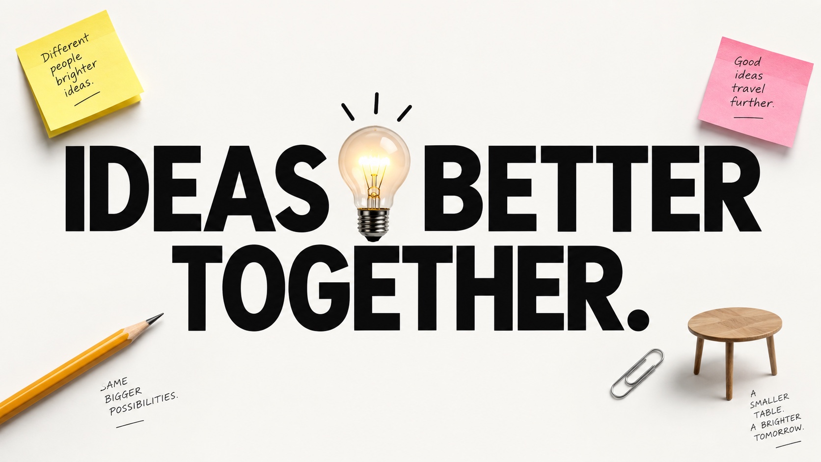 The words Ideas Better Together with a light bulb in place of the space, sticky notes, a pencil and a paperclip around them.