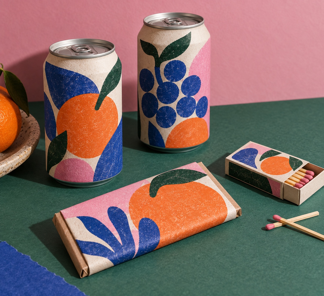 Unbranded cans, chocolate and a matchbox carry a warm fruit-like riso packaging system.