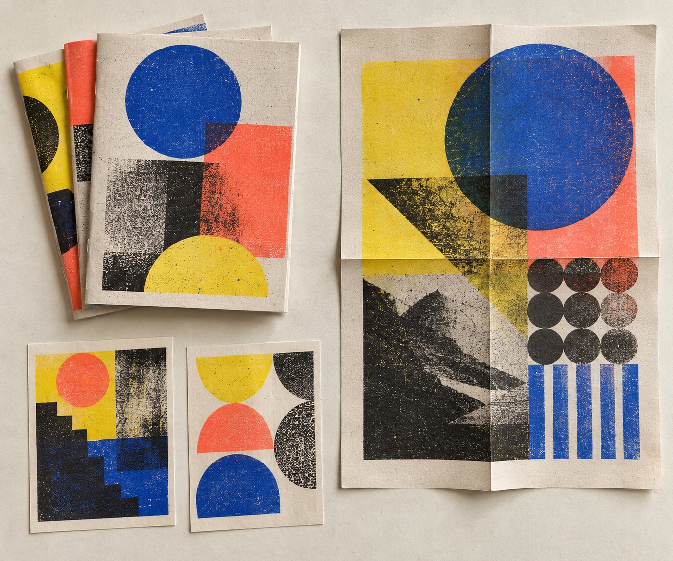 Saddle-stitched zines, poster and postcards show layered riso geometric print.