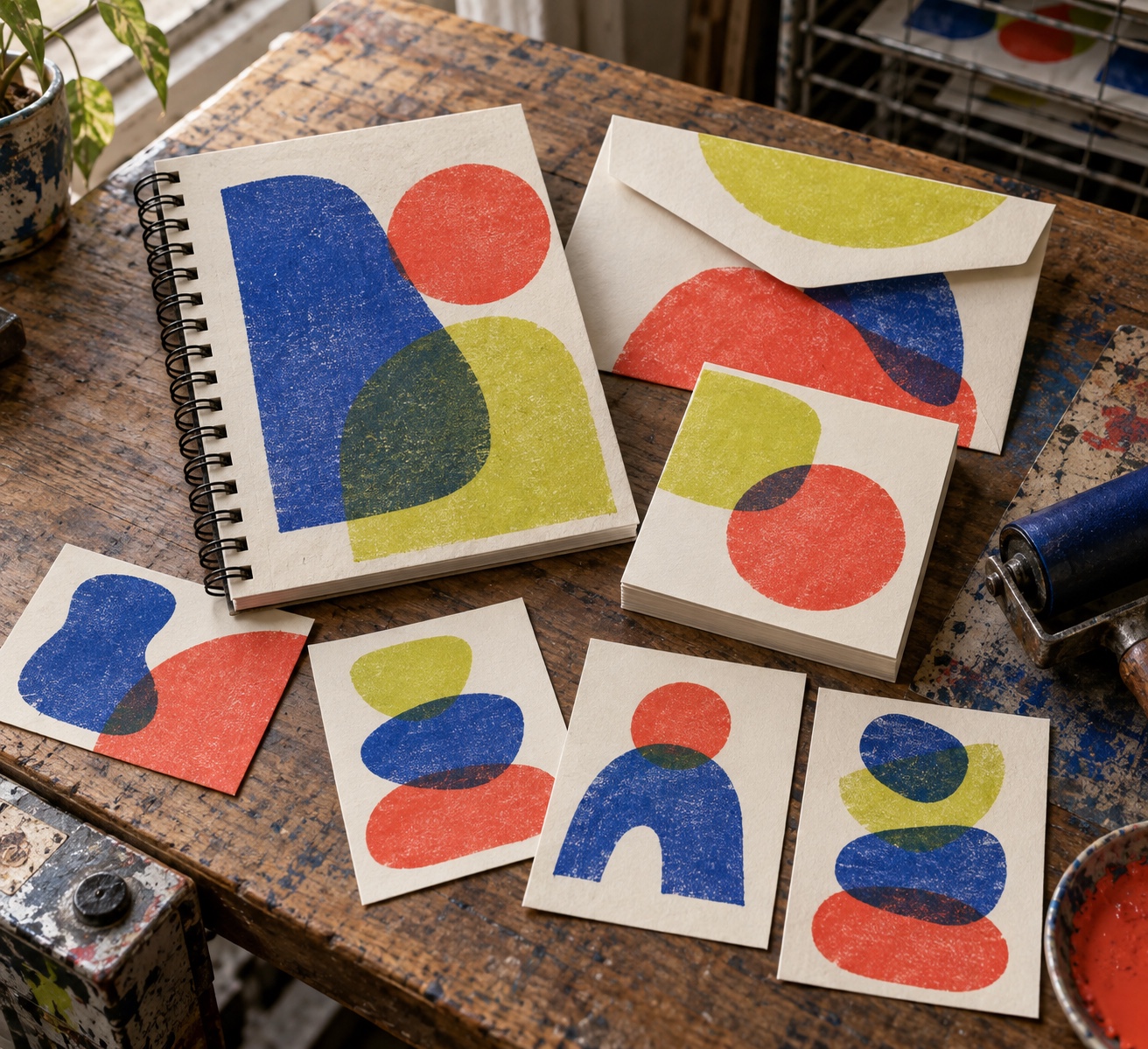 A notebook, envelope and cards show imperfect layered riso ink on tactile paper.