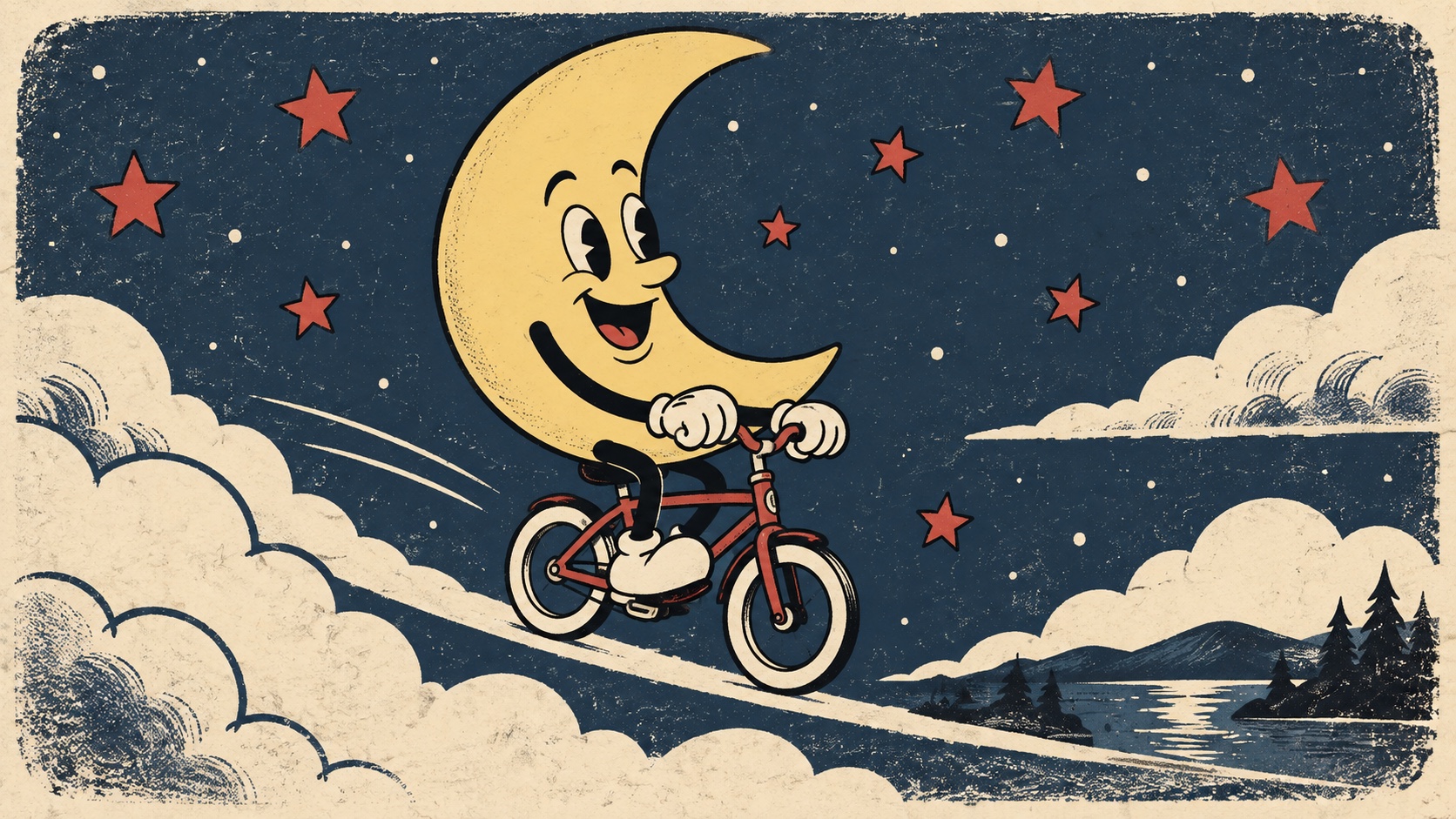 A grinning crescent moon riding a red bicycle across clouds in a starry navy sky, drawn in 1930s cartoon line.