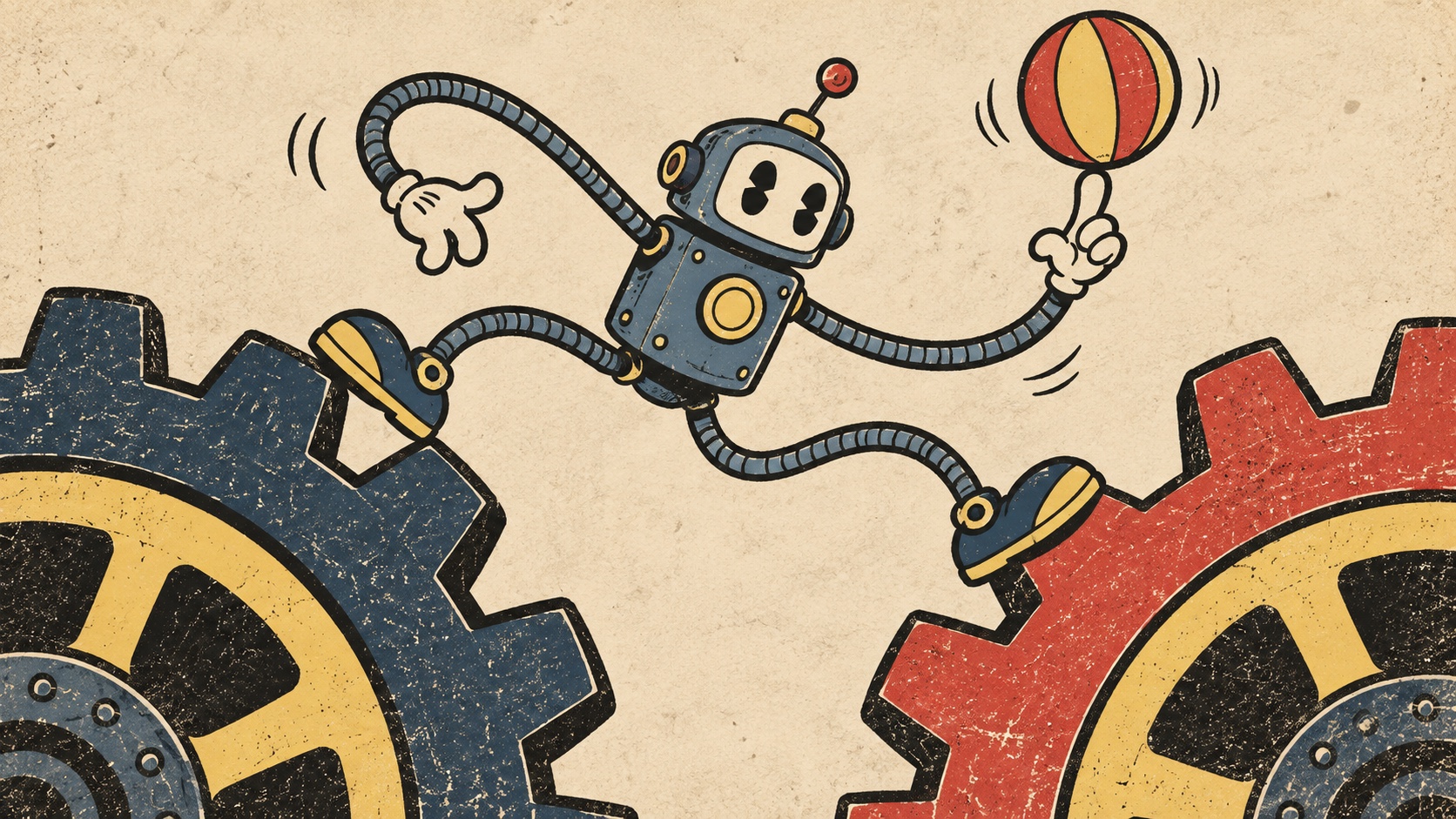A little blue robot with bendy hose limbs balancing a striped ball, stepping between two giant gears.