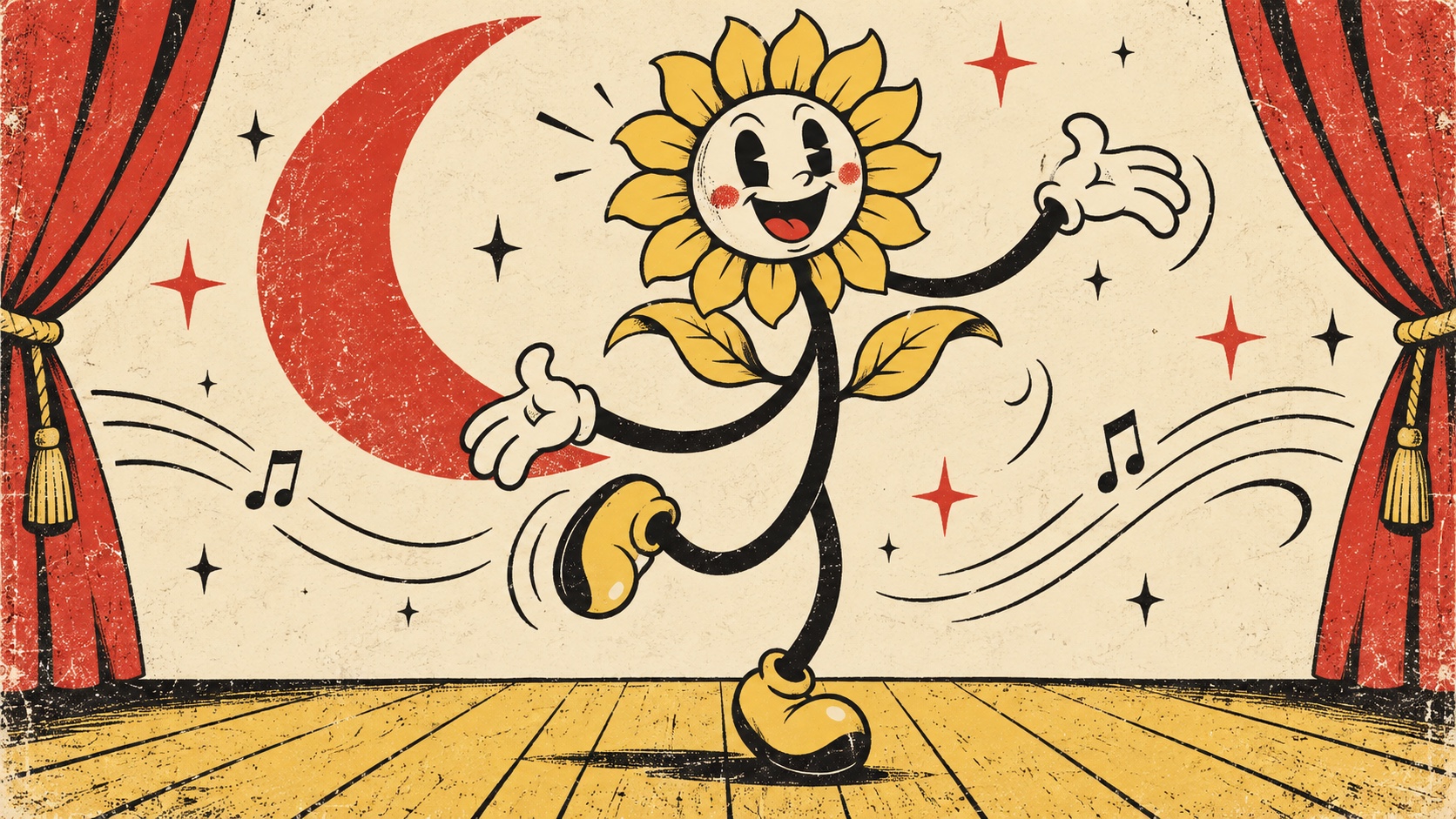 A smiling sunflower with noodle arms dancing on a wooden stage between red curtains and a crescent moon.
