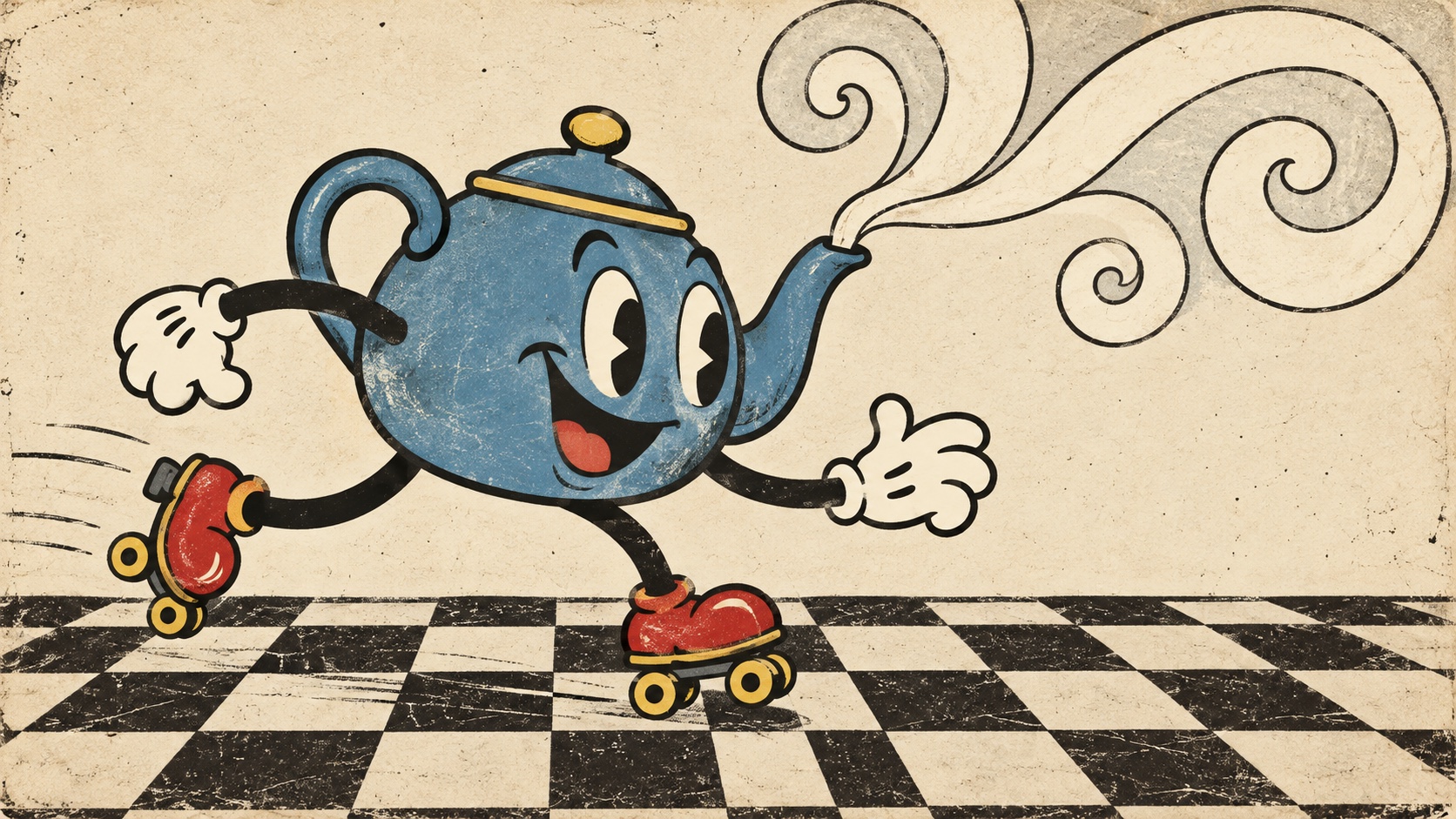 A blue teapot on roller skates rolling across black and white tiles, steam curling out of its spout.