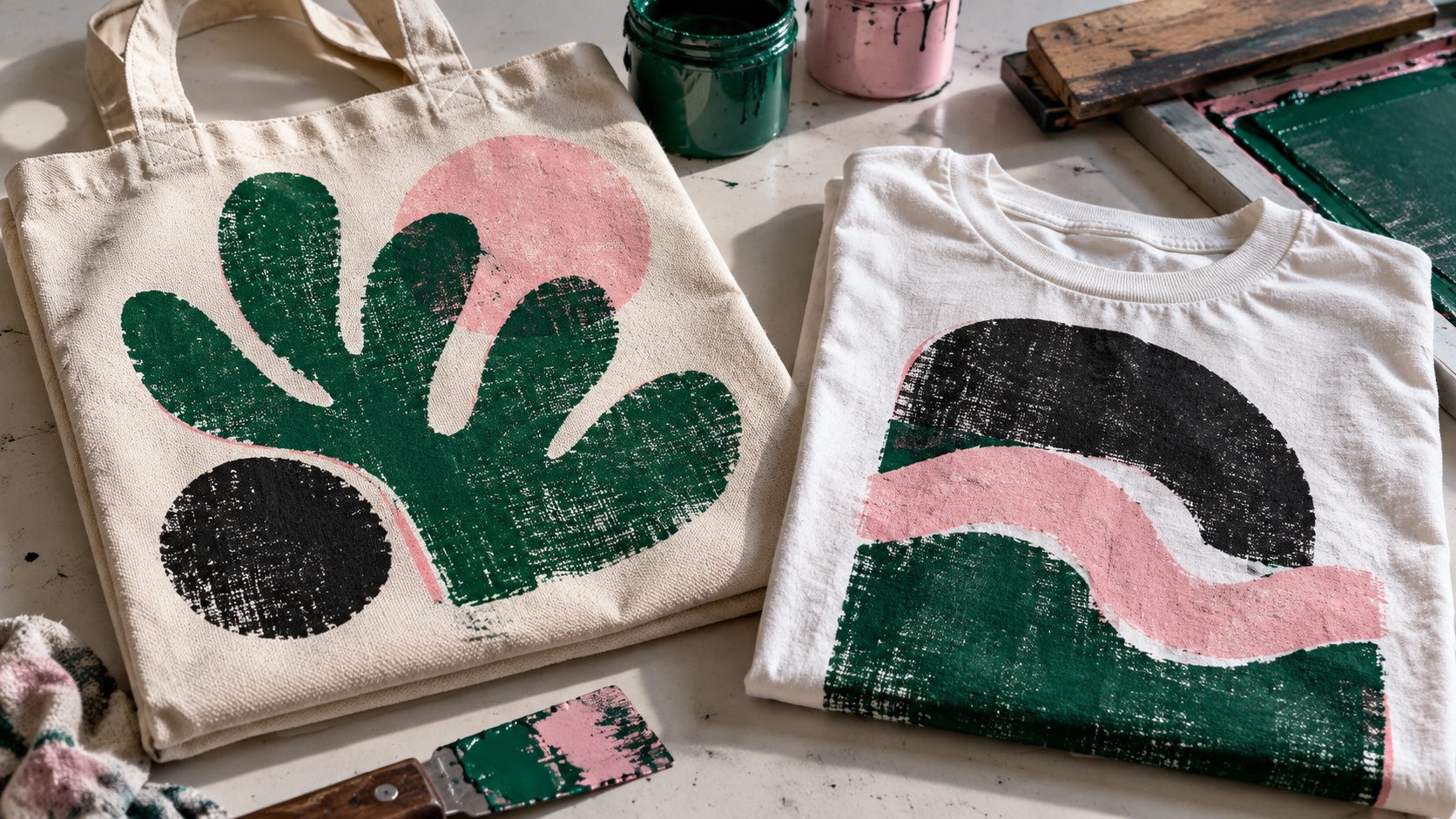 A canvas tote and a cream T-shirt printed in green, pink and black with rough, broken edges, next to a squeegee and ink pots.
