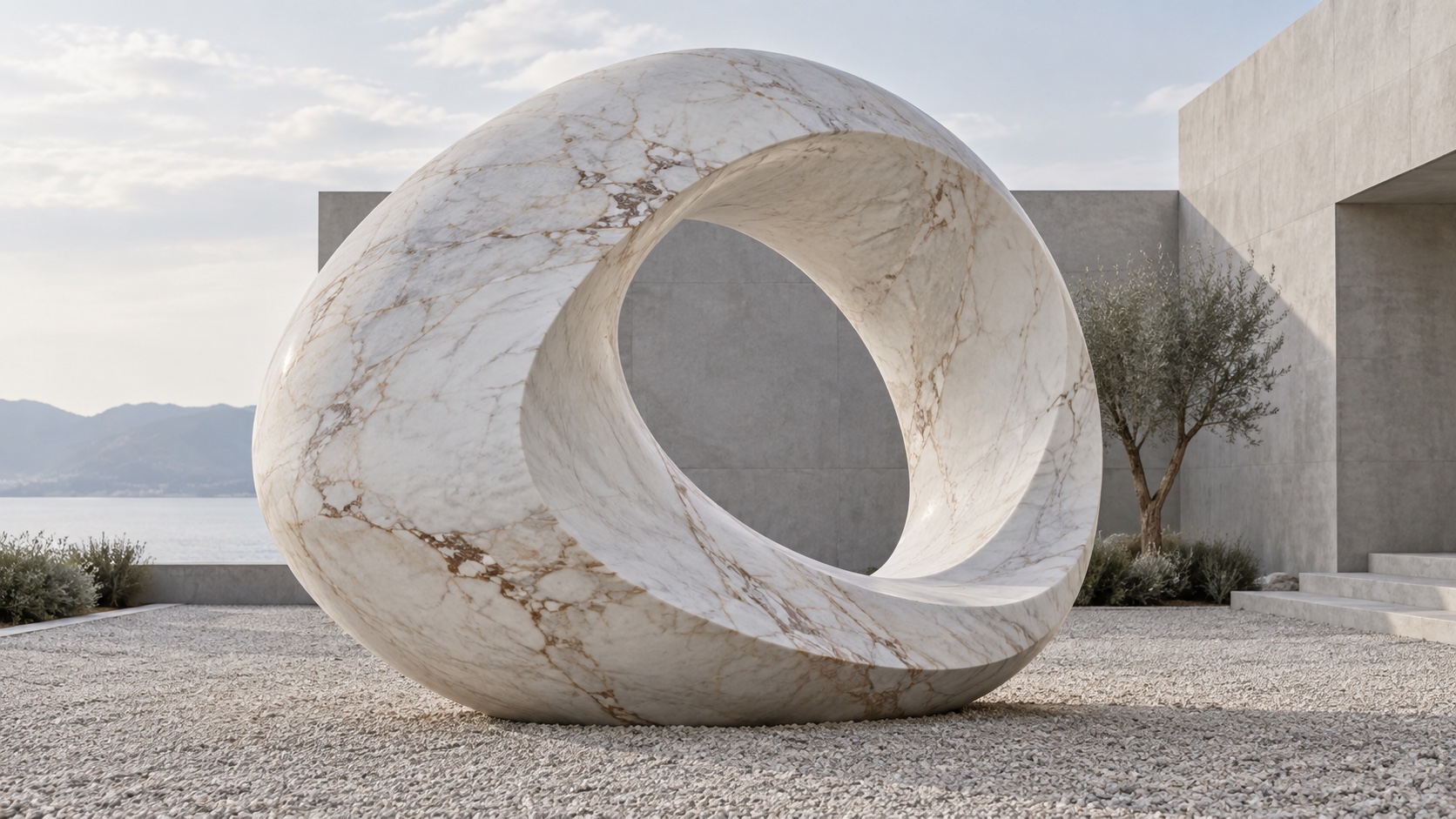 A large white marble ring sculpture in a gravel courtyard with olive trees and the sea beyond.