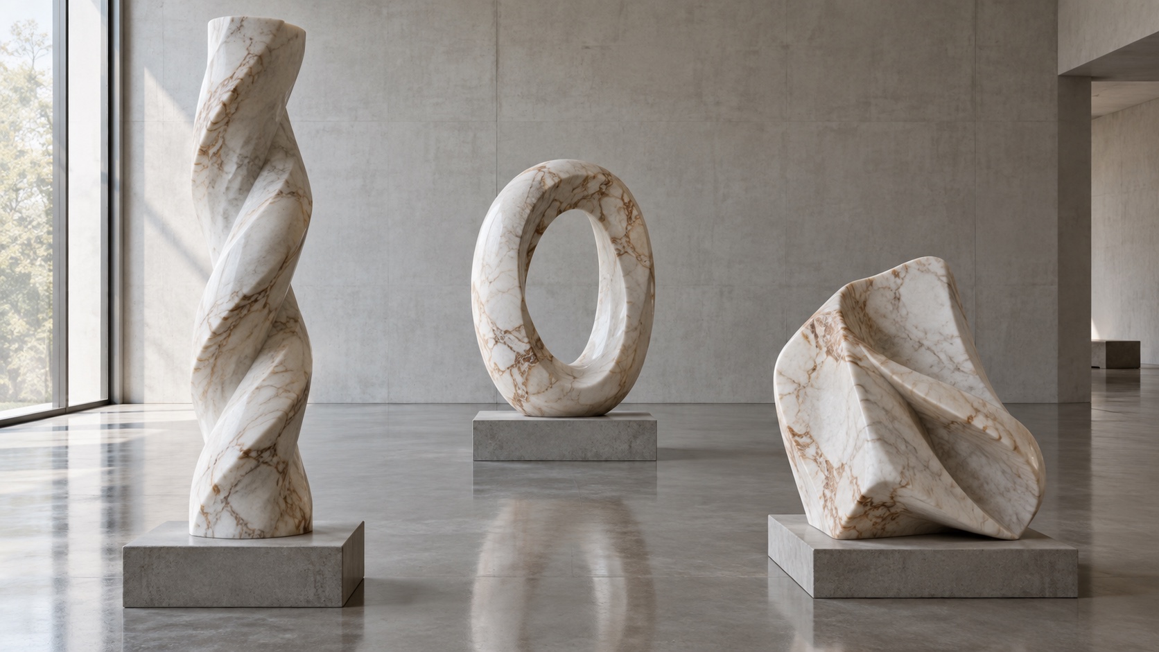 Three white marble works in a bright gallery: a twisted column, a ring and a faceted block.